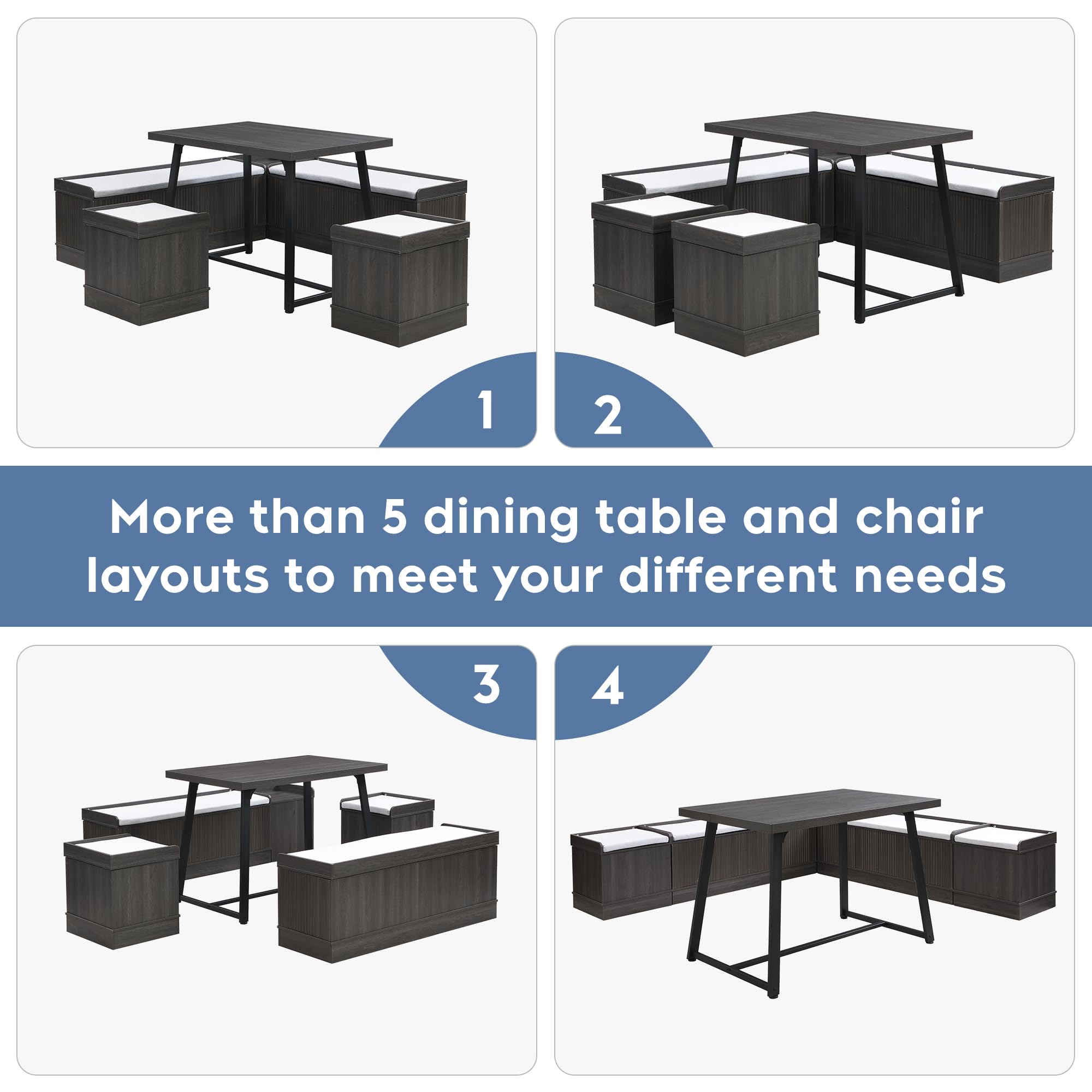 XIAO WEI Corner Dining Table Set, 6-Piece Breakfast Nook Dining Set with Storage Bench and Stools, 47" Banquette Seating for Small Space, Apartment Kitchen & Dining Room, Brown Wood