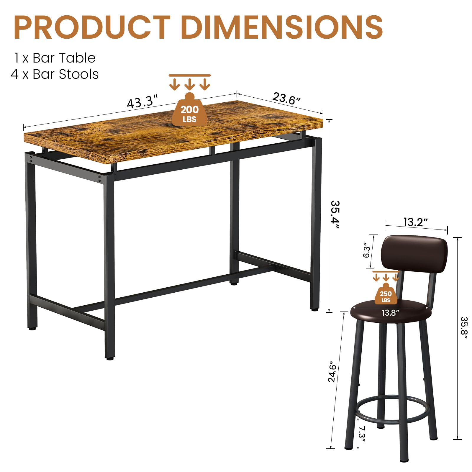 Industrial Bar Table & Chair Set for 4