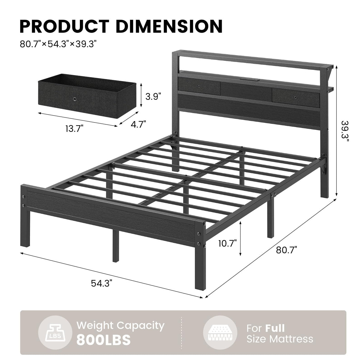 Kbun Full Size Bed Frame with 2 Fabric Drawers and Storage Headboard