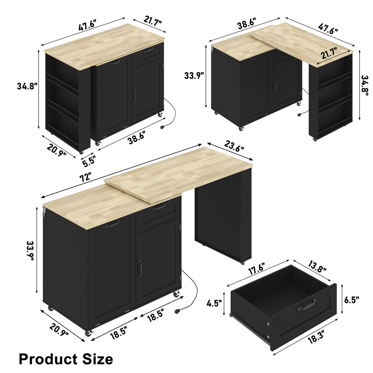 48-72” Extendable Kitchen Island with Trash Can Storage and Power Outlets, Rolling Kitchen Island Cart with 360°Swivel Dining Table, 6Tier Spice Rack，Mobile Wooden Island Table for Kitchen,Dining Room