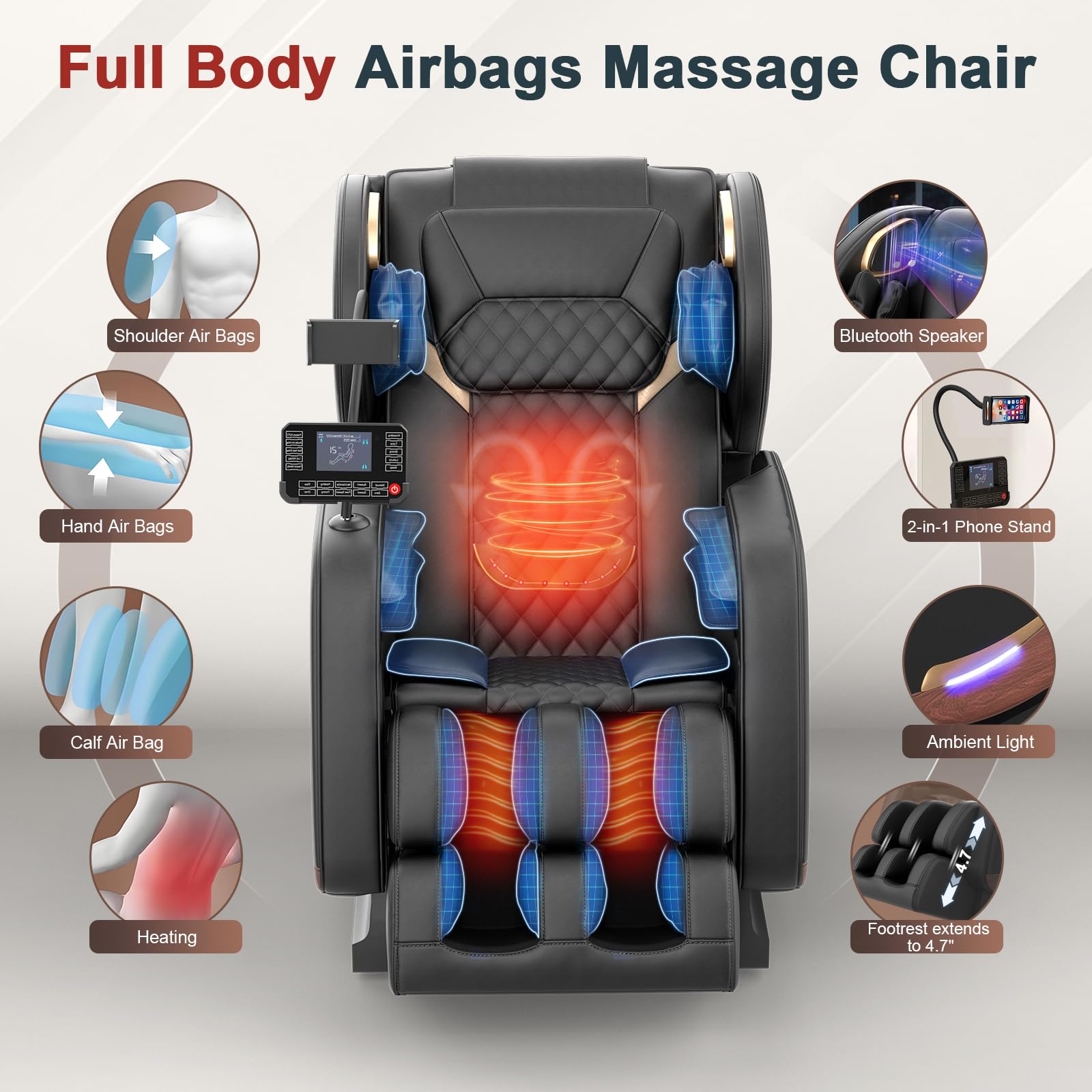 2026 Massage Chair, Massage Chairs Full Body and Recliner with 10 Fixed Points, Zero Gravity, Wood Grain Leather, Foot Massage, Airbags, Lumbar Heating, Bluetooth and Control Screen (Leather Black)