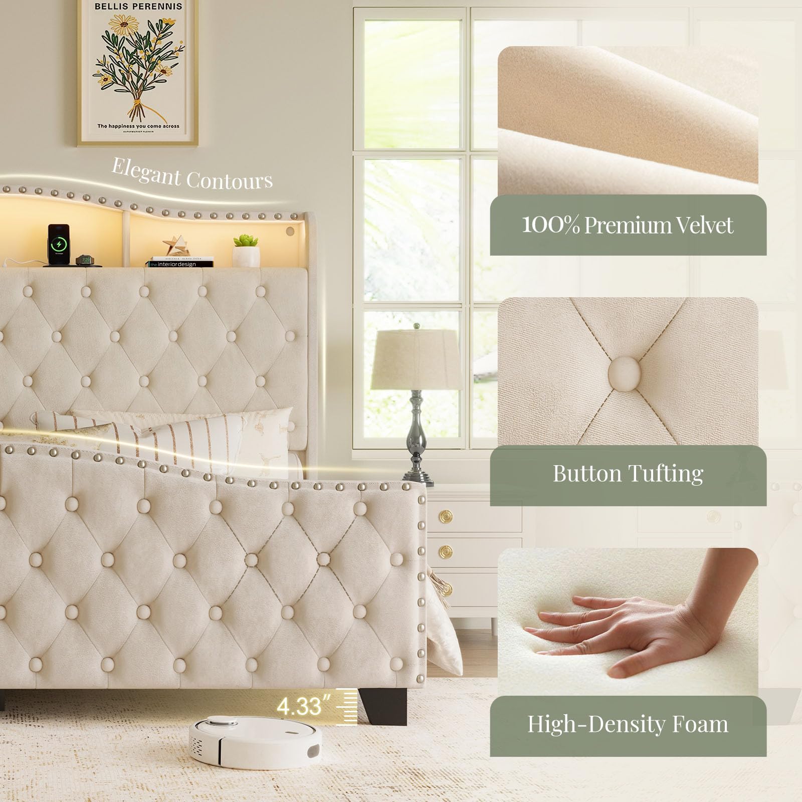 Velvet Wingback Bed Frame with LED Lights & Storage
