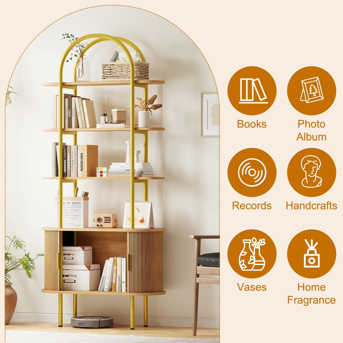 Arched Bookshelf with Tambour Cabinet