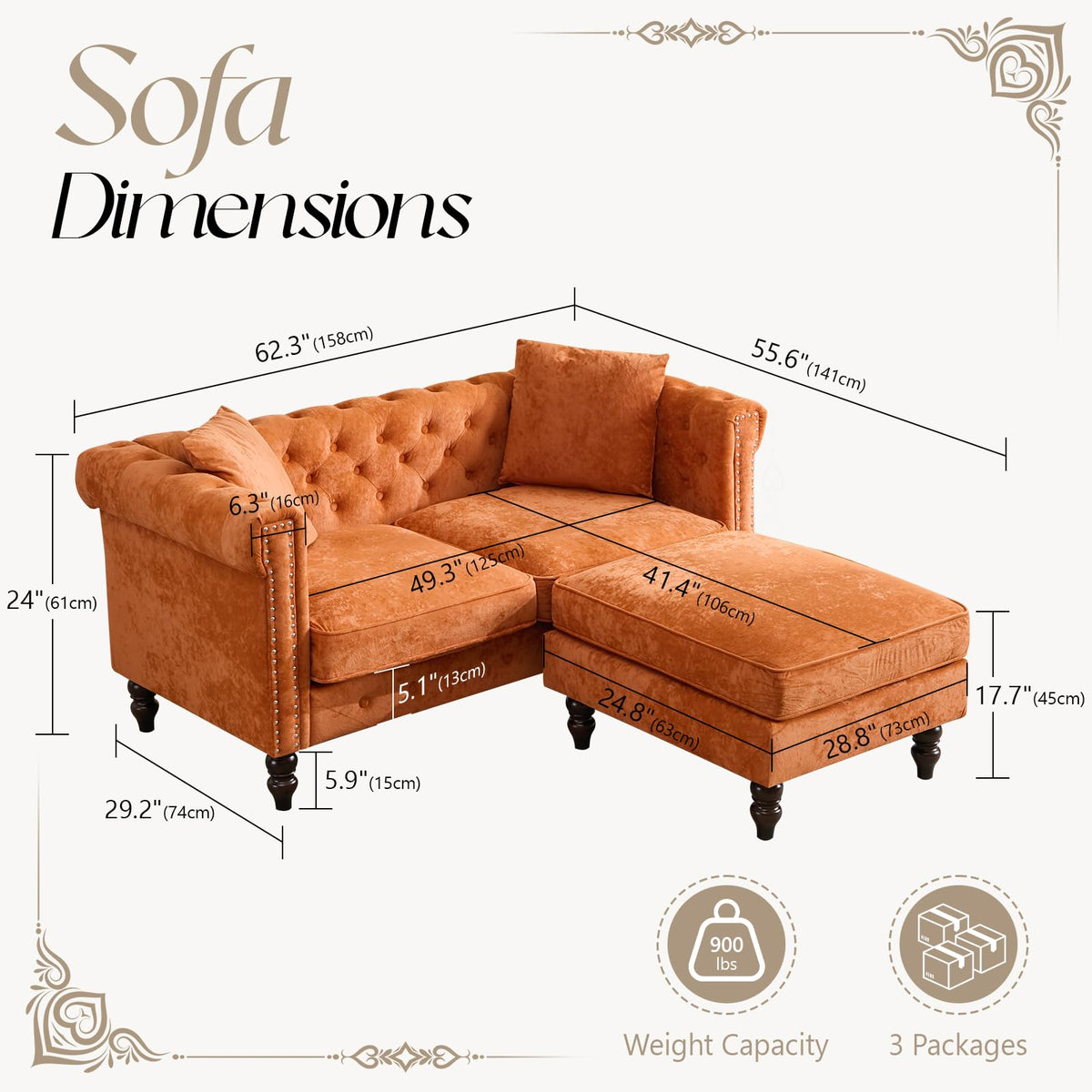 Chesterfield Velvet Loveseat with Ottoman
