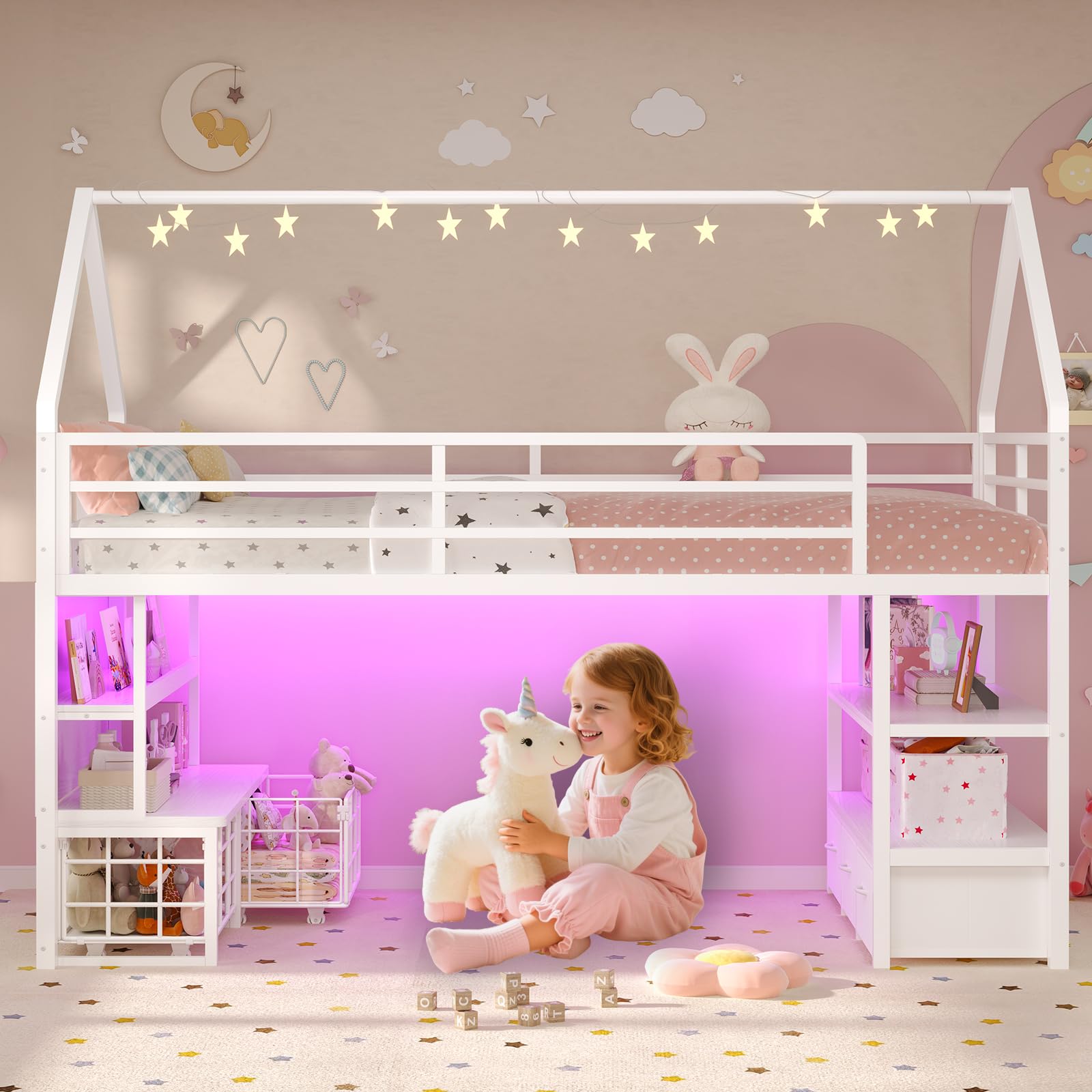 ADORNEVE Low Loft Bed Twin Size with 5 Storage Drawers, Twin Loft Bed with Bookcase & LED Lights, Open Storage Shelves, Metal House Bed with Safety Guardrail & Under-Bed Play Space for Kids, White
