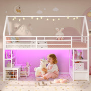 Twin Size Kids Metal House Loft Bed with Storage & LED Lights