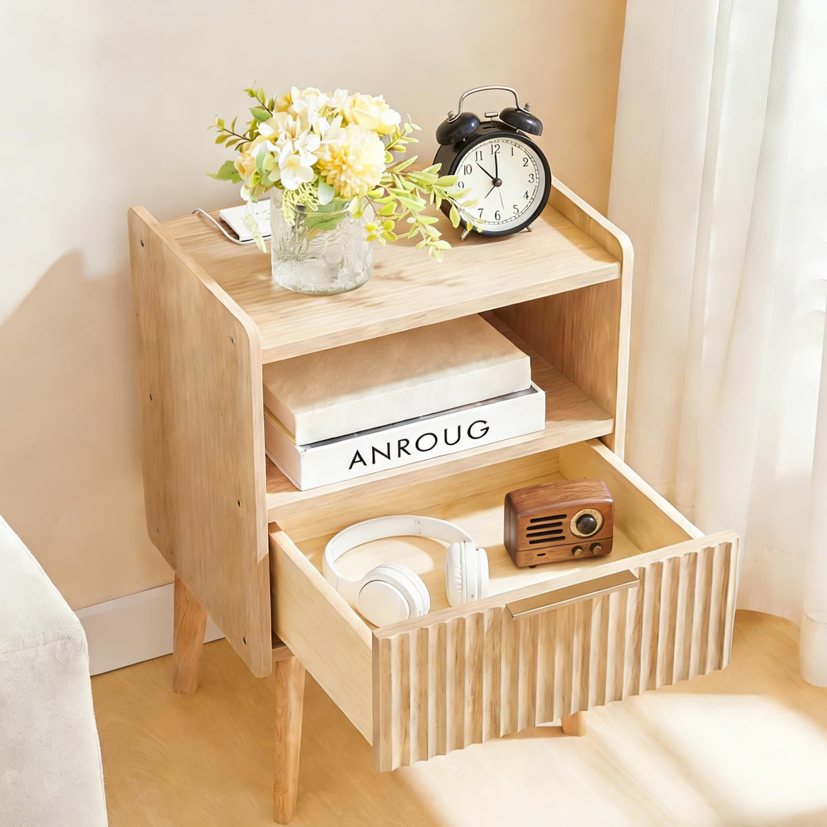 MAHANCRIS Natural Nightstand with Charging Station, Modern Fluted End Table