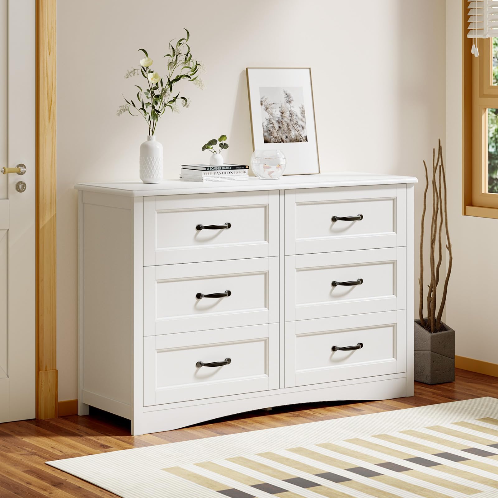 Gizoon 6 Drawer Dresser for Bedroom，47'' Larger Chest of Drawers with Mental Handle for Kids Room, White Dresser with 6 Storage Drawers for Living Room, Entryway and Hallway, White