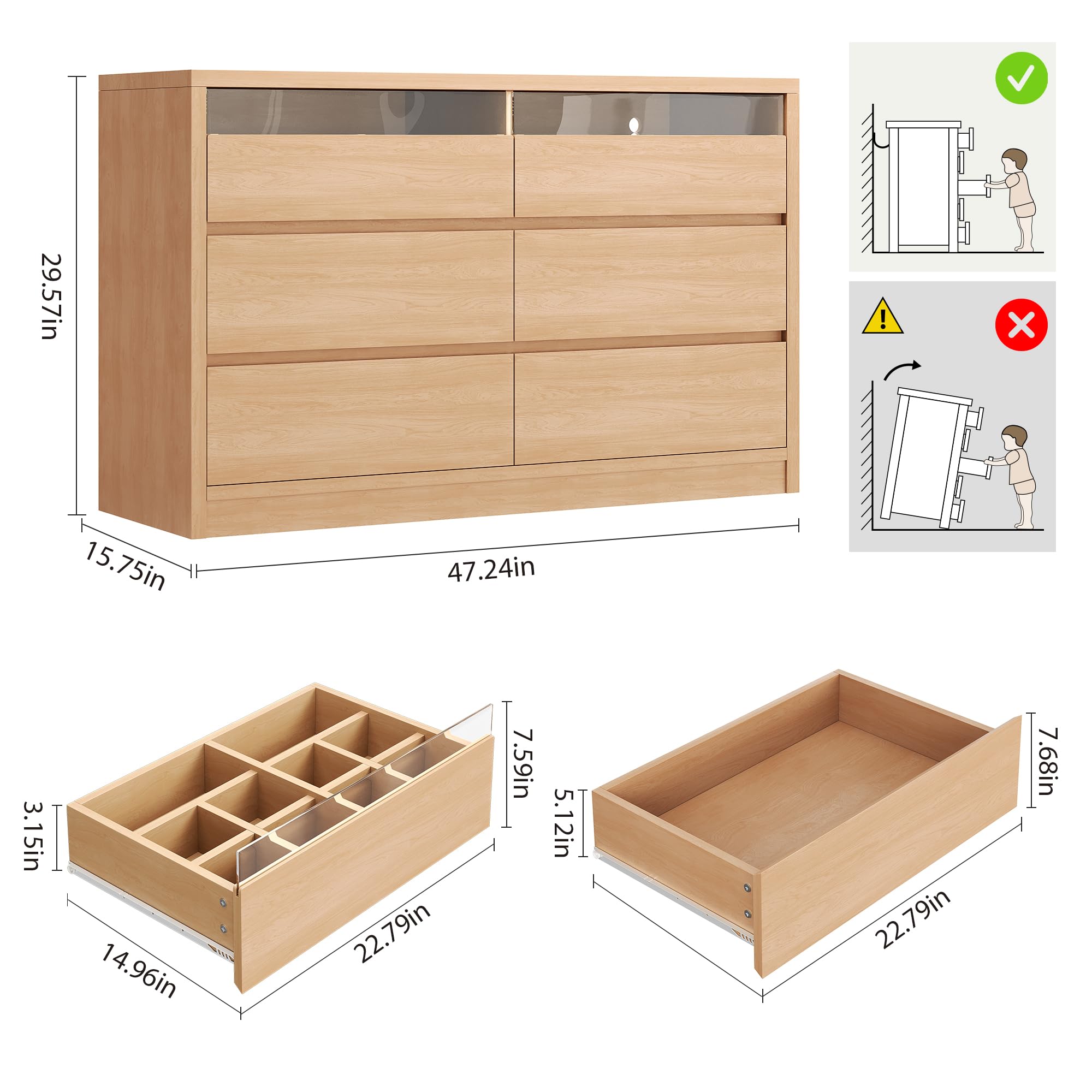 6-Drawer Dresser with RGB LED Light & Hidden Handles