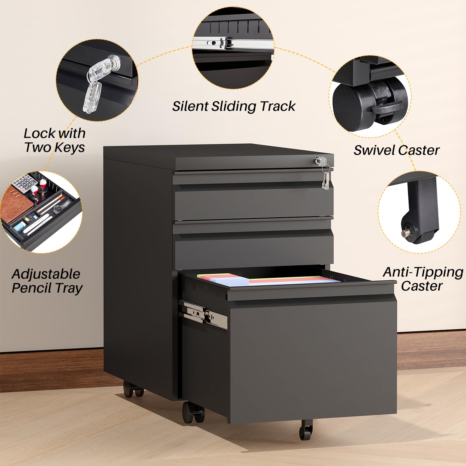 3-Drawer Mobile Metal File Cabinet with Lock