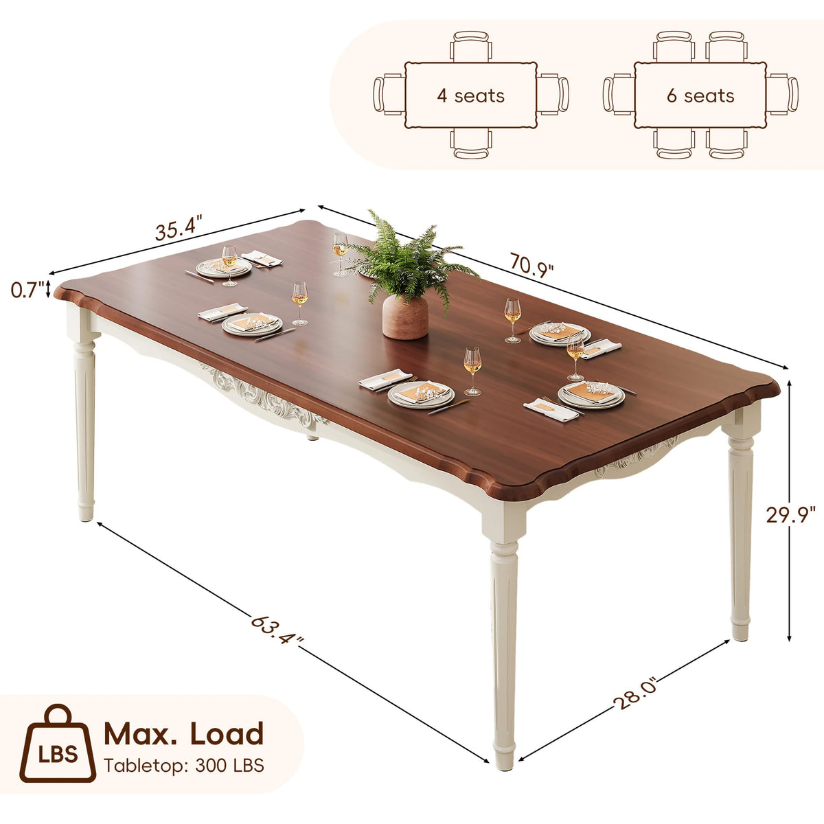 Elegantly Carved Dining Table,70.9" Solid Wood Kitchen Table for 6,WN&WT