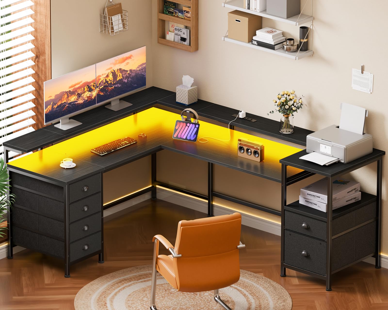 Furologee 66" Reversible L Shaped Gaming Desk with 6 Drawers & Printer Storage Shelves, Corner Computer Desk with Power Outlets & LED Lights, Home Office Table with Monitor Stand, Black