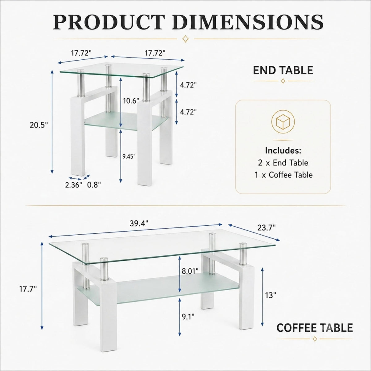 Meihua 3-Piece Coffee Table Set, Glass Coffee Table with 2 End Tables