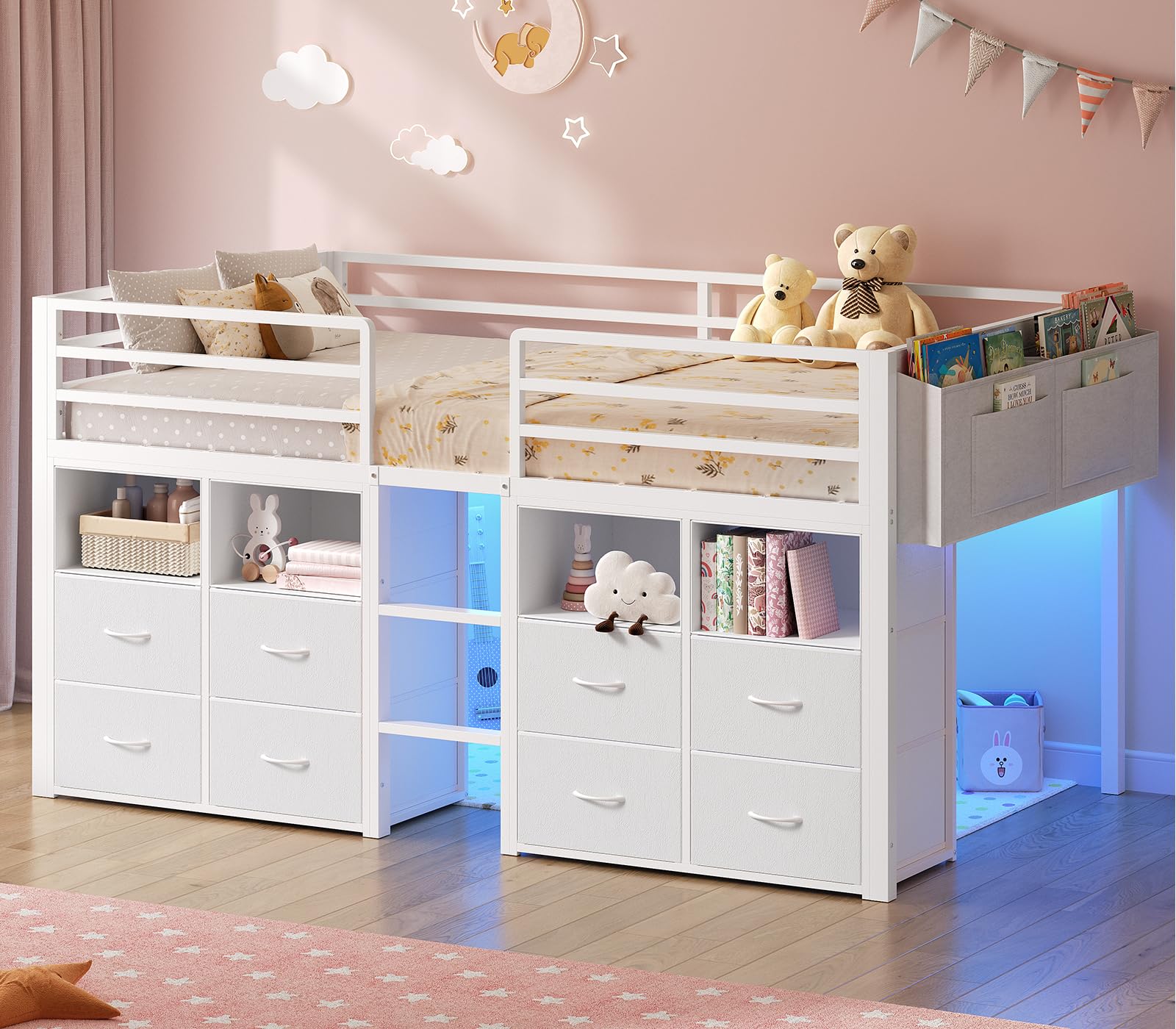 Kids Low Loft Bed Twin with Storage Drawers & LED Lights