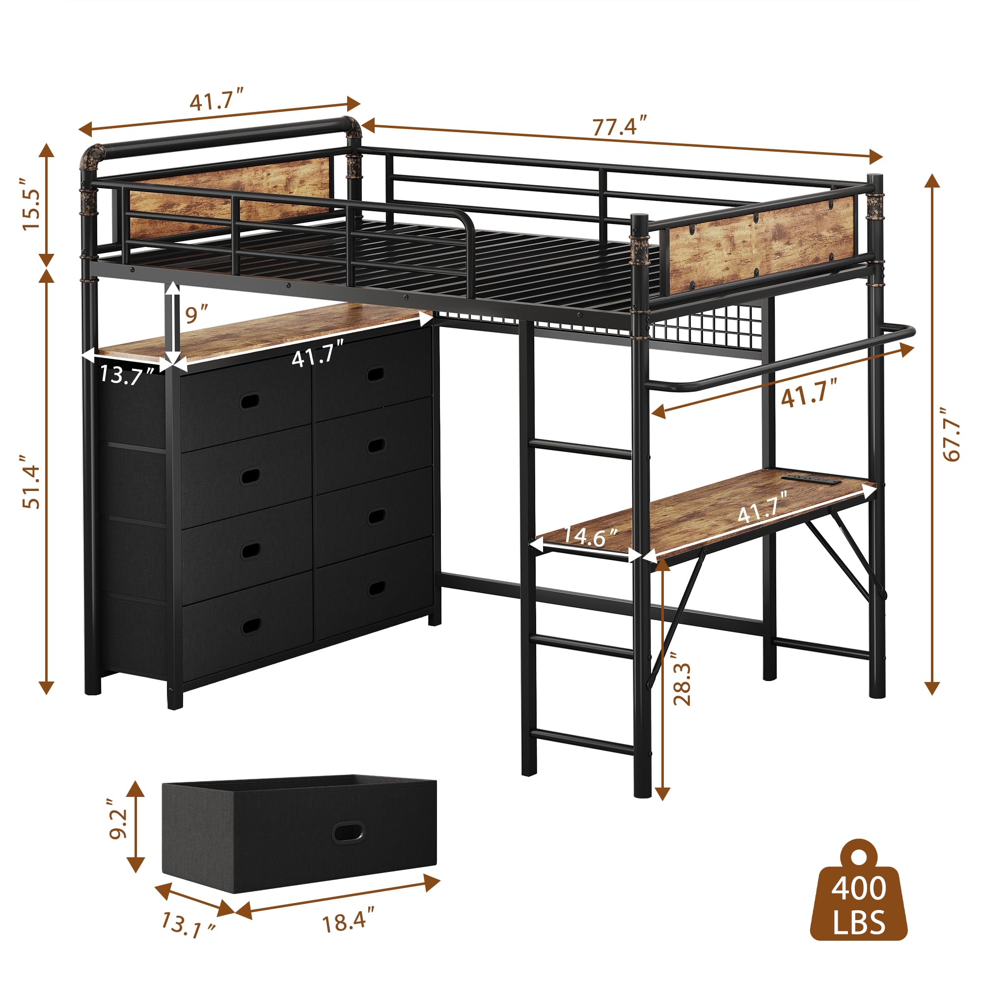 Twin Loft Bed with Desk and 8 Storage Drawers, Metal Loft Bed Twin Size with LED Lights & Charging Station, Bed Frame with Hanging Rod, Safety Guardrail & Ladder, for Kids & Teens (Rustic Brown)