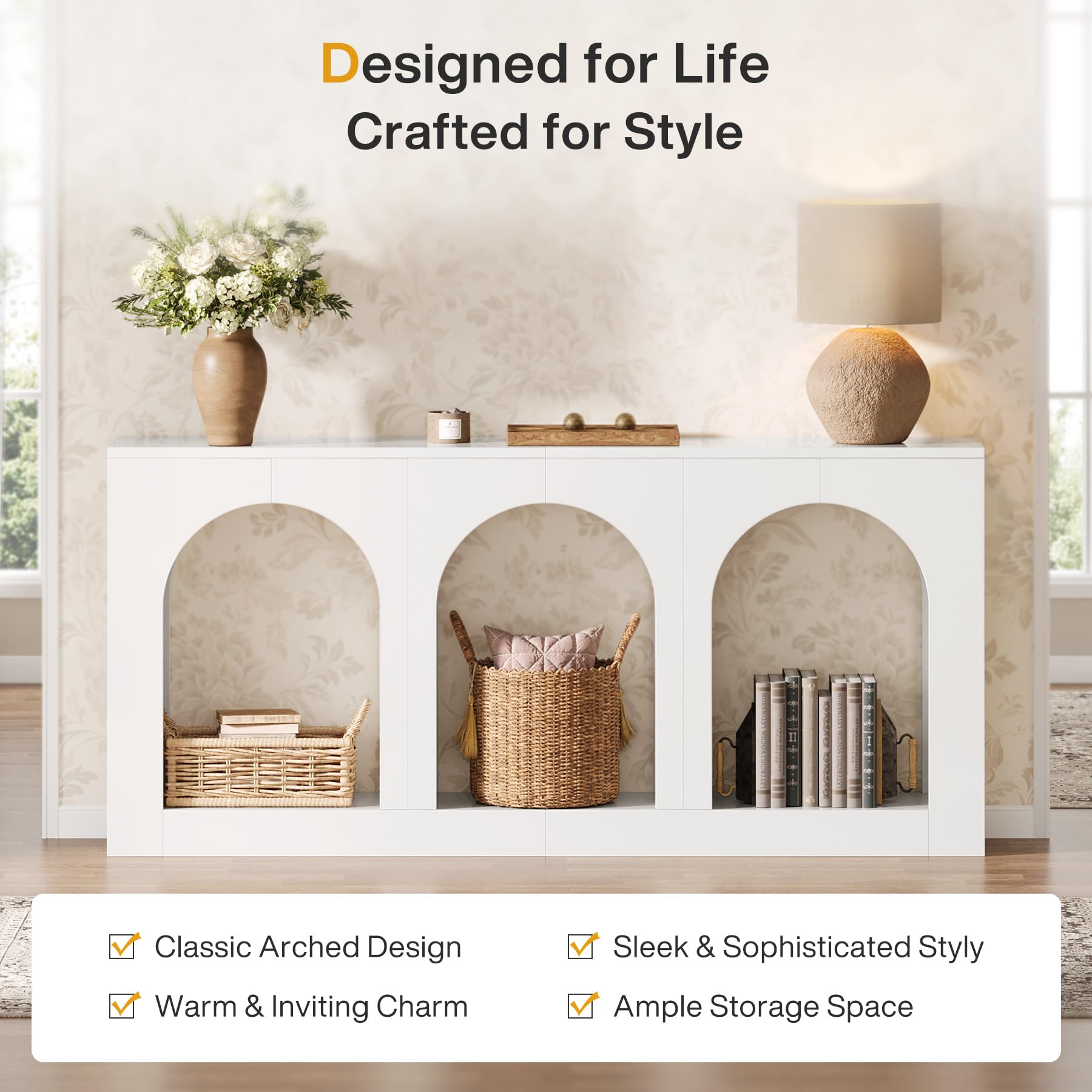 Tribesigns 70.9" White Console Table with Storage, Wood Entryway Entry Table with 3 Arched Shelves for Foyer, Hallway, Living Room, Behind Couch Sofa, Narrow Long