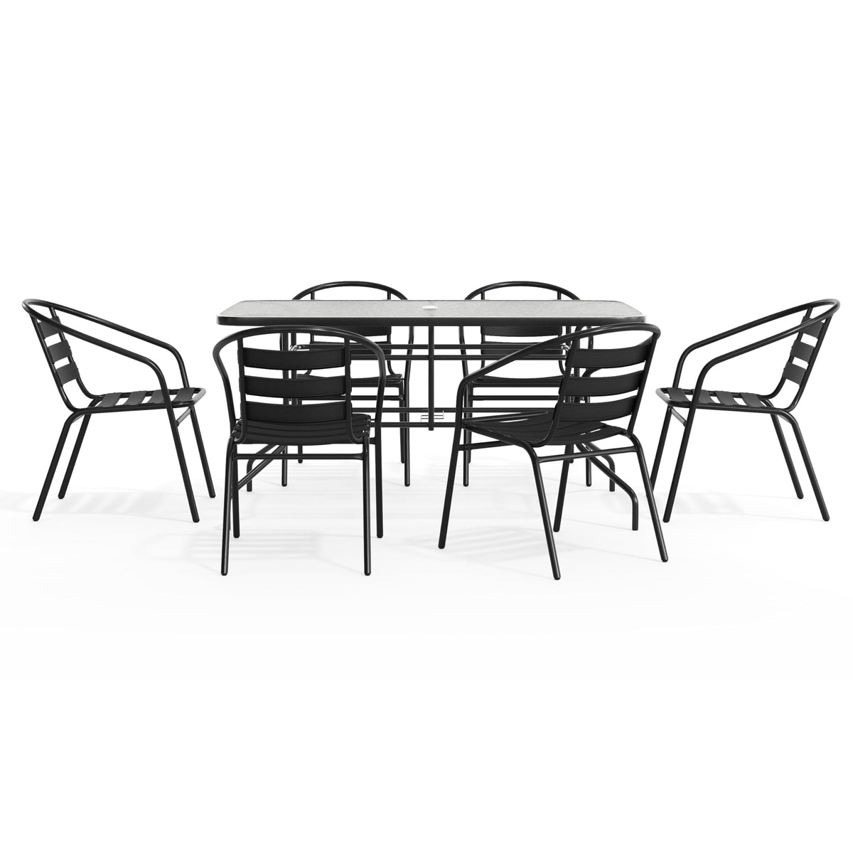 Flash Furniture Lila 7-Piece Glass Patio Table and Chairs Set, Outdoor Patio Dining Set with Rectangular Table and 6 Slat Back Patio Chairs, Black