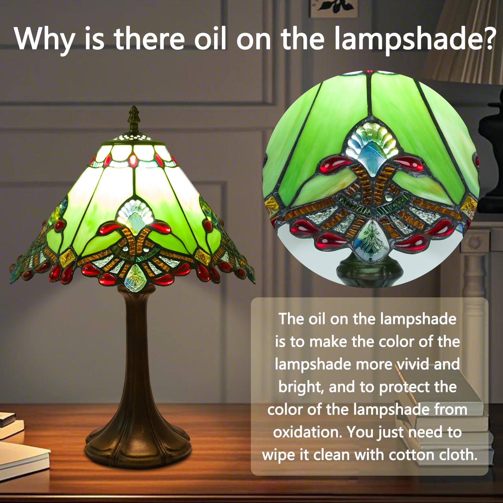 JHuiLap 12 Inch Tiffany Style Table Lamp, Baroque Stained Glass Lamp with Remote Control, Stepless Dimmable & 3 Color Temperatures, Desk Lamps for Bedroom Farmhouse Bedside Nightstand Bedside（Green