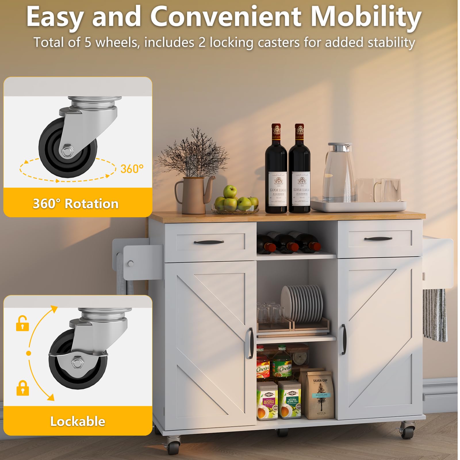 knoworld 51.5'' Rolling Kitchen Island with Storage Cabinet & Drawers, Drop Leaf Kitchen Cart on Wheels, Farmhouse Portable Mobile Islands, Large Butcher Block Table with Tower/Spice Rack, White