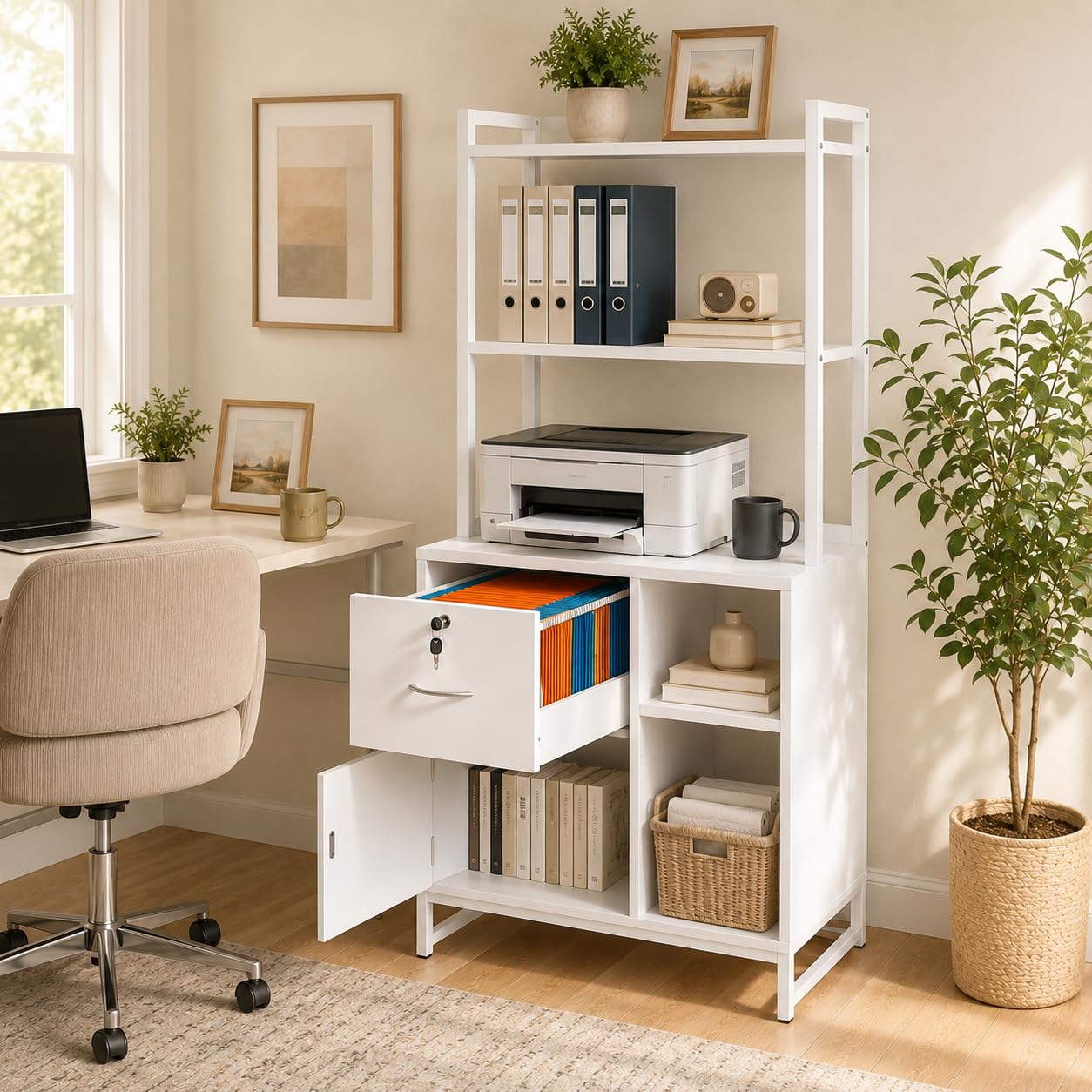 Homieasy Vertical Filing Cabinet with Bookshelf for Home Office, File Cabinet with Shelves, Lock & Charging Station, Drawer Office File Cabinets with Printer Stand, fits Letter Size, White