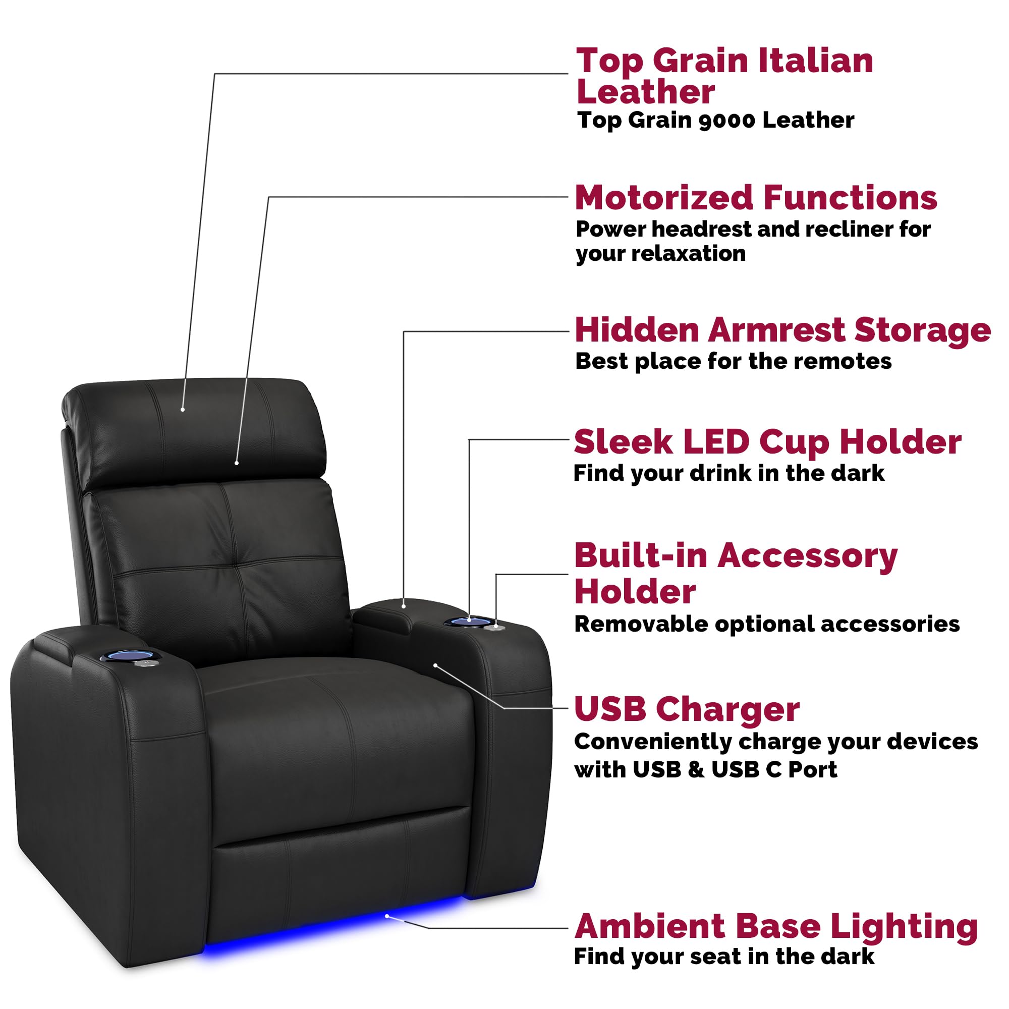 Valencia 2025 Verona Power Headrest Home Theater Seating – Top Grain Nappa Leather 9000 – Power Adjustable Headrest, USB-C Fast Charging, LED Cup Holders (Row of 3, Black)