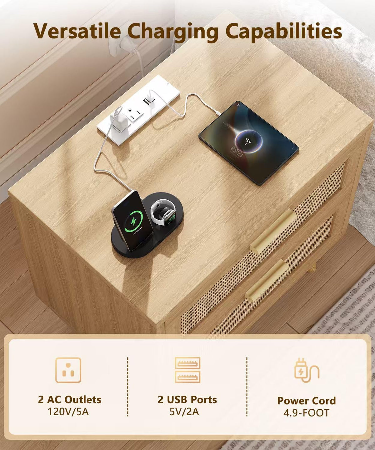 Rattan Nightstand with Charging Station