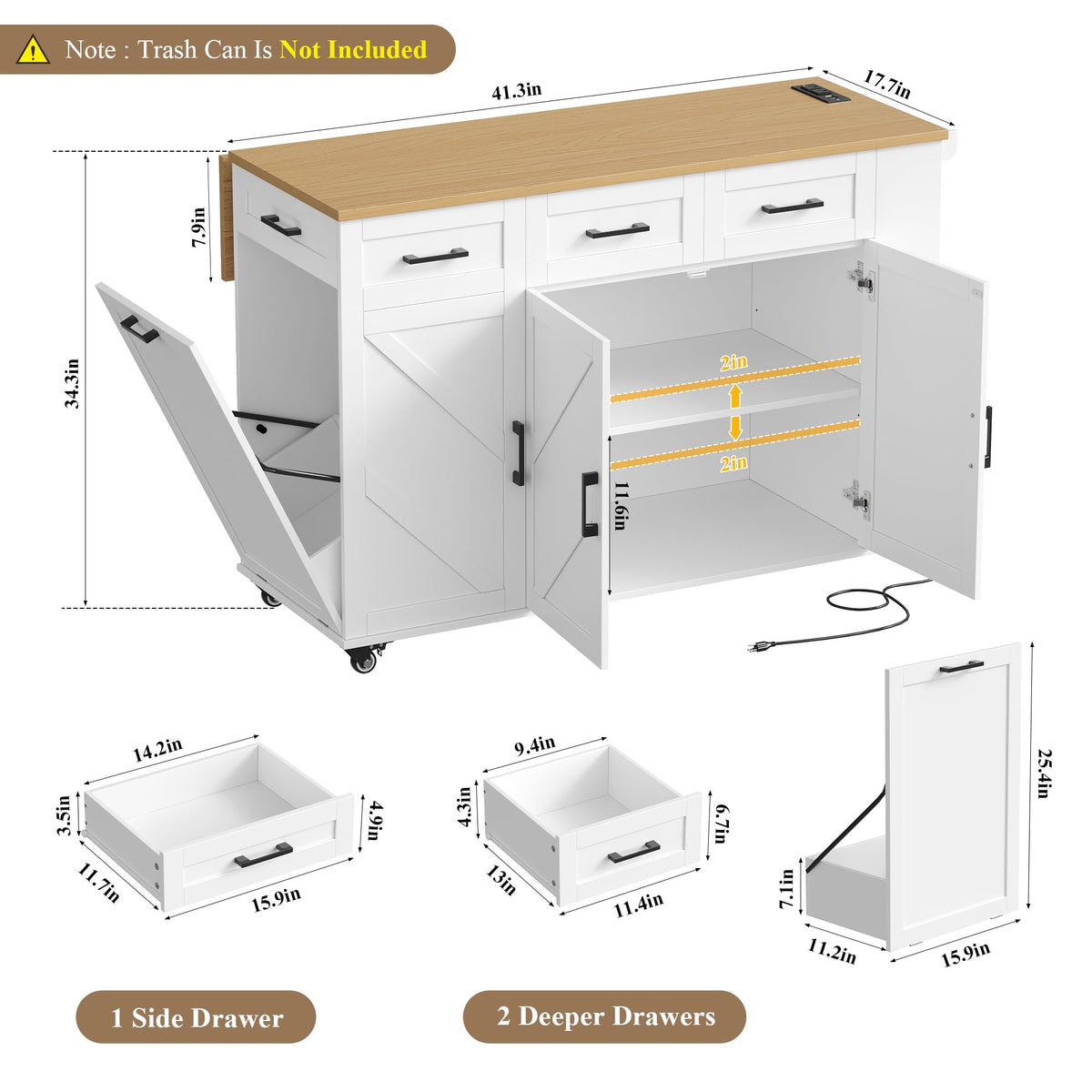 FINETONES Kitchen Island with Trash Can Storage and Power Outlet, White