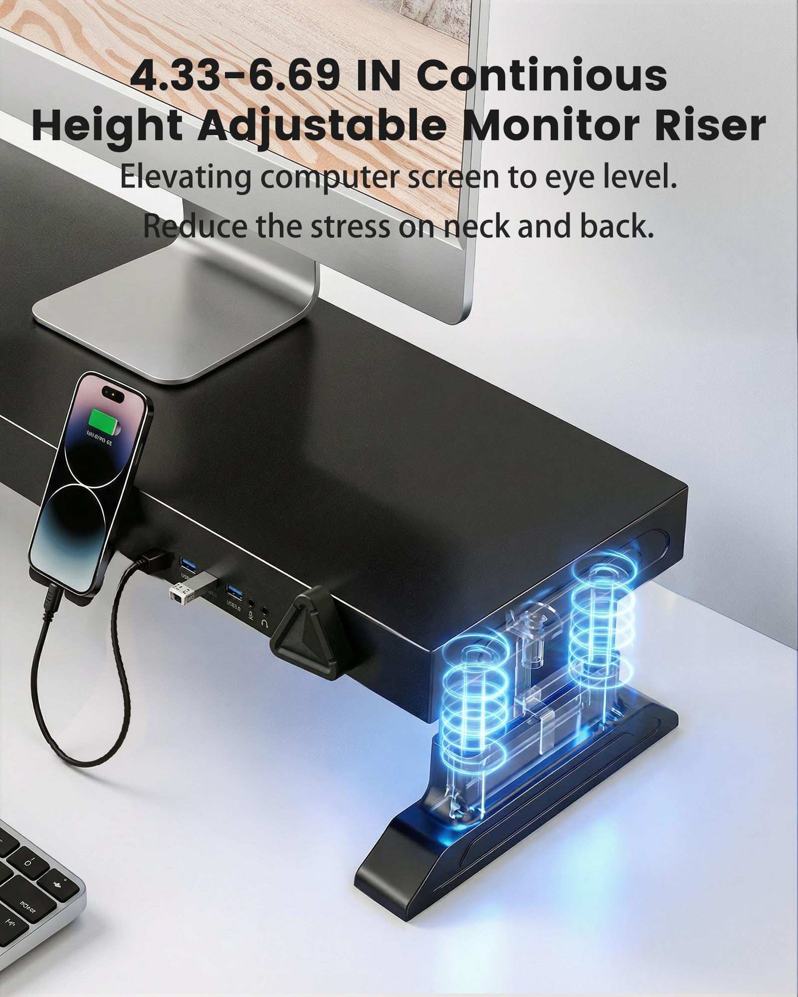 Height Adjustable Monitor Riser with 6-Port USB Hub