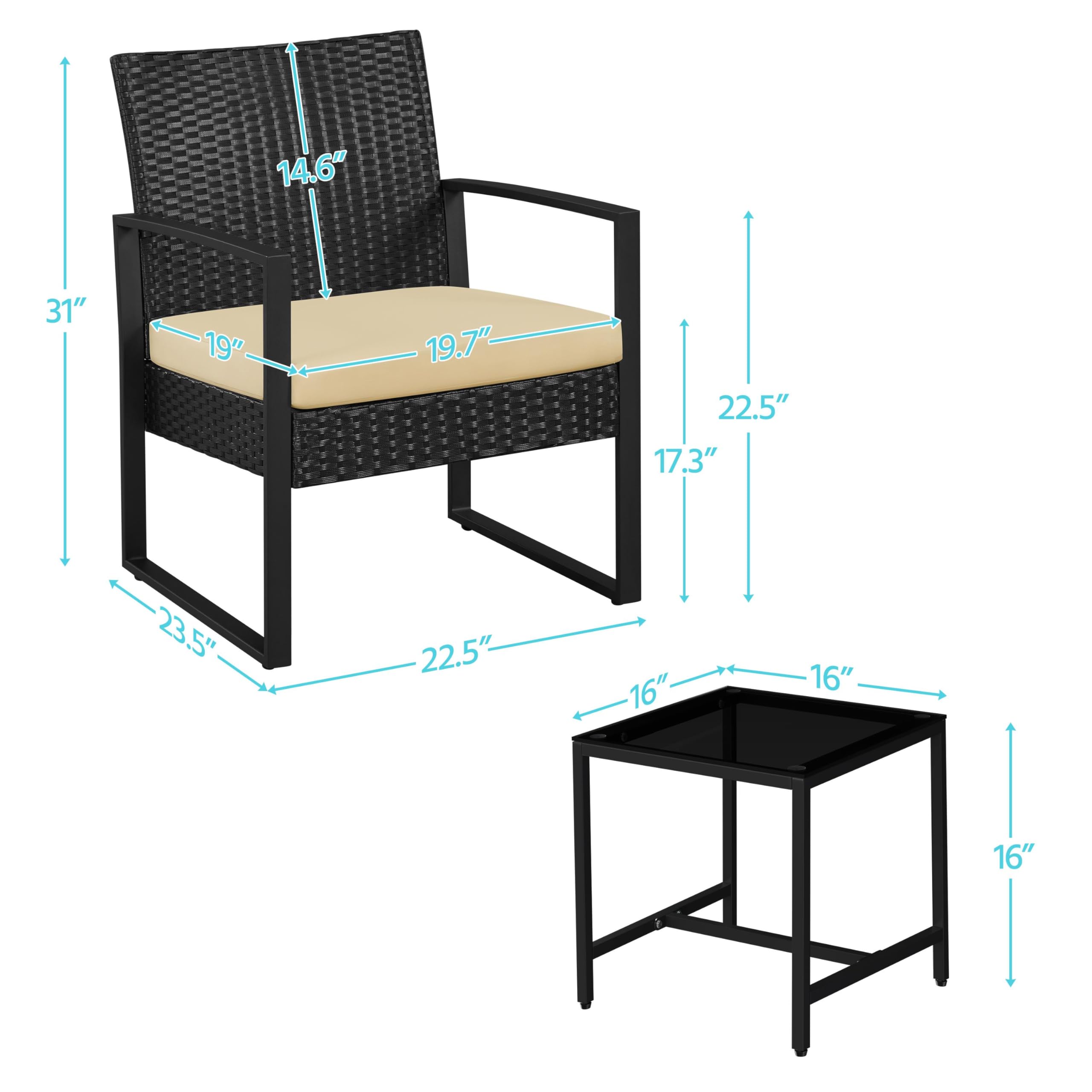 3-Piece Rattan Bistro Set with Tempered Glass Coffee Table