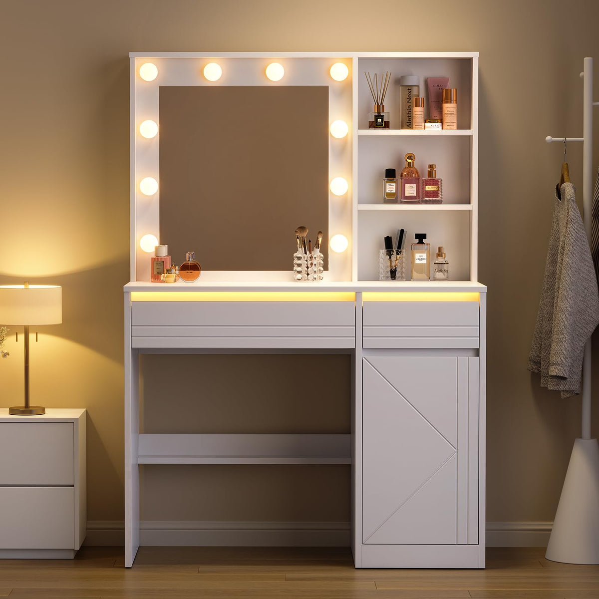 White Modern Makeup Vanity Desk with Mirror, LED Light & Removable Bulb