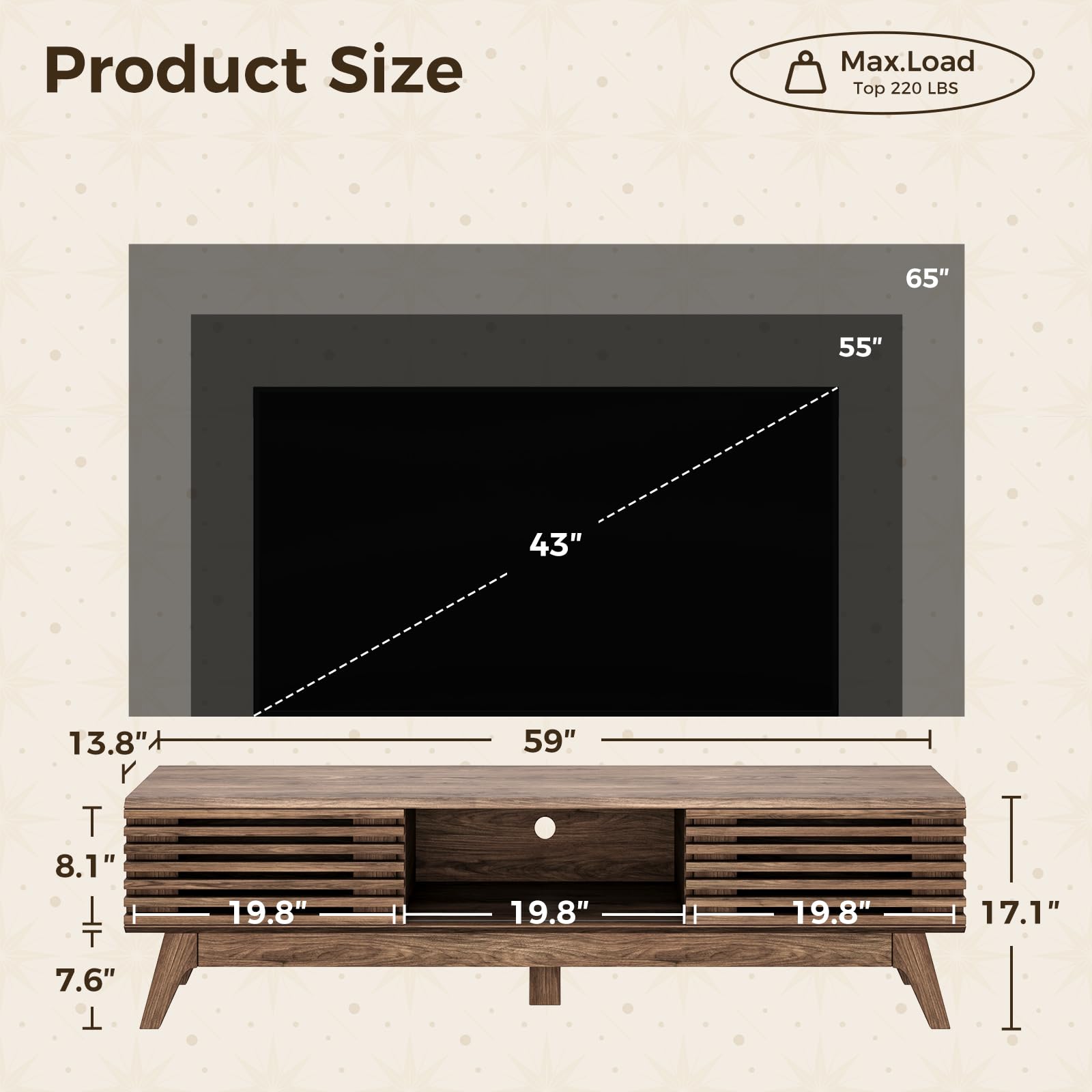 Mid-Century Fluted TV Stand with Sliding Doors & Storage
