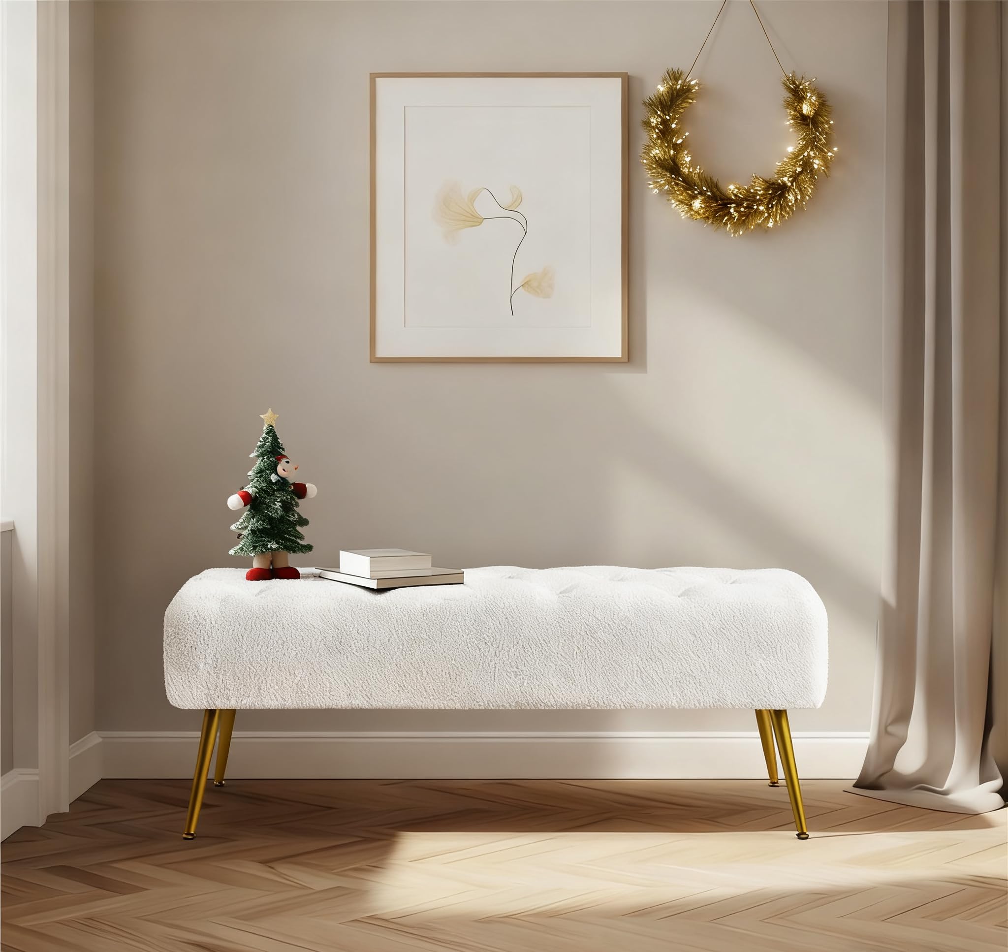 Yaheetech Modern Ottoman Bench Boucle Bench Upholstered Footrest for Living Room with Gold Metal Legs and Padded Seat Ivory