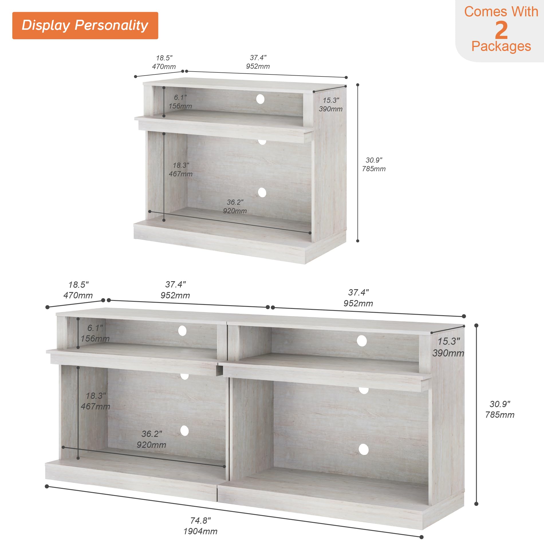 WAMPAT TV Stand for 85+ Inch TVs, Set of 2 Farmhouse Entertainment Center with Open Storage Shelves, Industrial Media Console Table for Living Room and Bedroom, Antique White