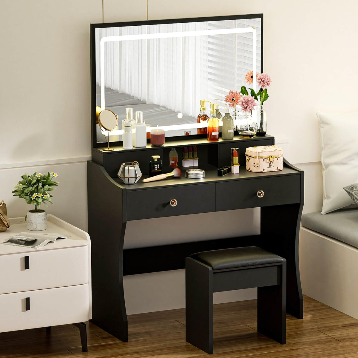 COMHOMA Vanity Desk with LED Lights Mirror & Power Outlet, Small Makeup Vanity Table Set with 5 Storage Drawers, 3 Lighting Modes & Adjustable Brightness, Dressing Table for Women Girls Bedroom, Black