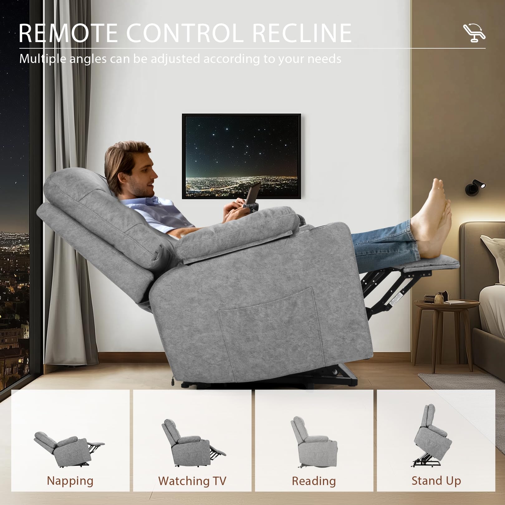 Power Lift Recliner Chair for Elderly with Heat & Massage, High-resilience Padding, Wide Back and Seat Reclining Sofa Chair with Cup Holders and Pockets, Easy Assembly and Operation (Light Gray)