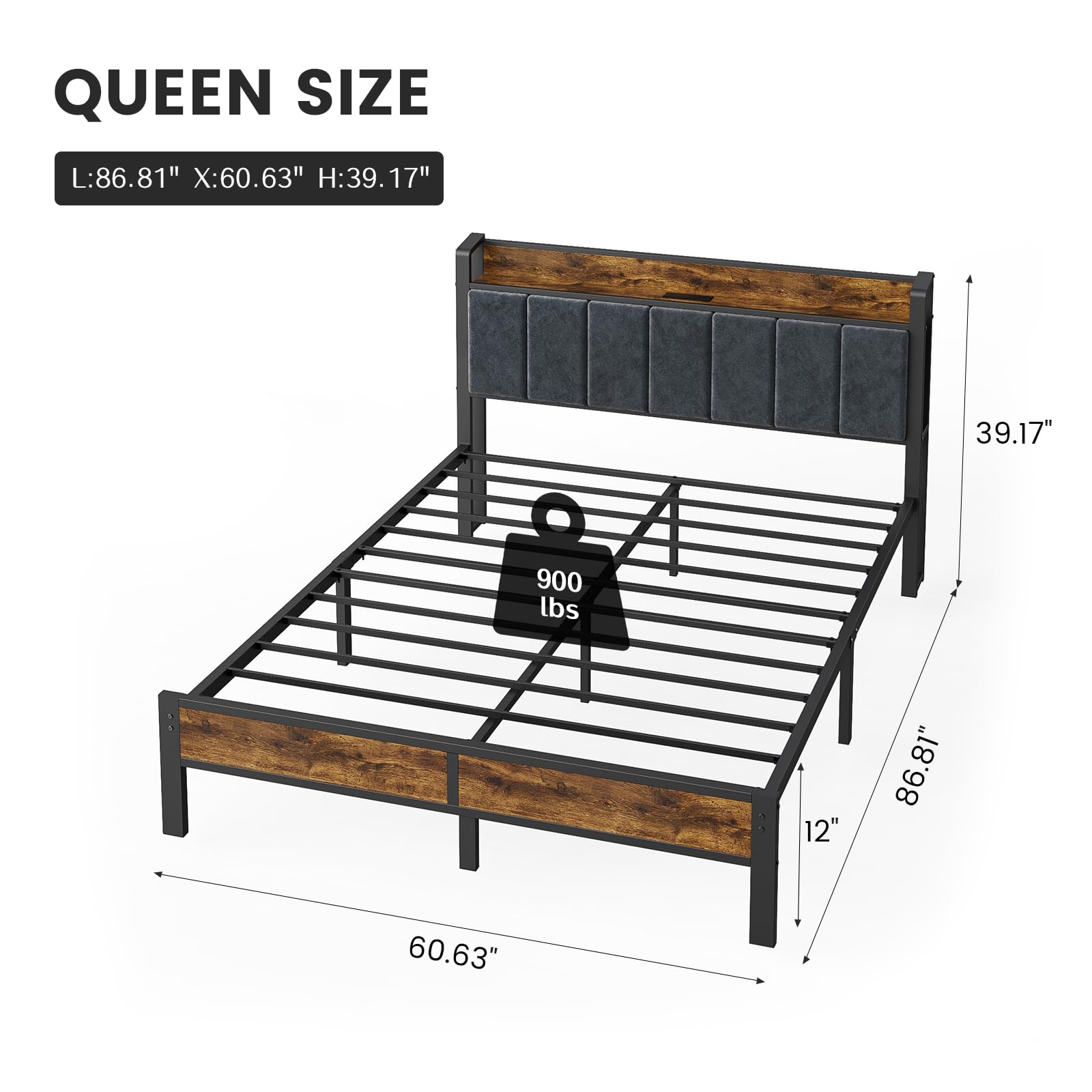 PROTEA Queen Size Bed Frame with LED Lights and Charging Station, Upholstered Storage Headboard, Heavy Duty Metal Platform with Slats, Noise Free, No Box Spring Needed, Easy Assembly