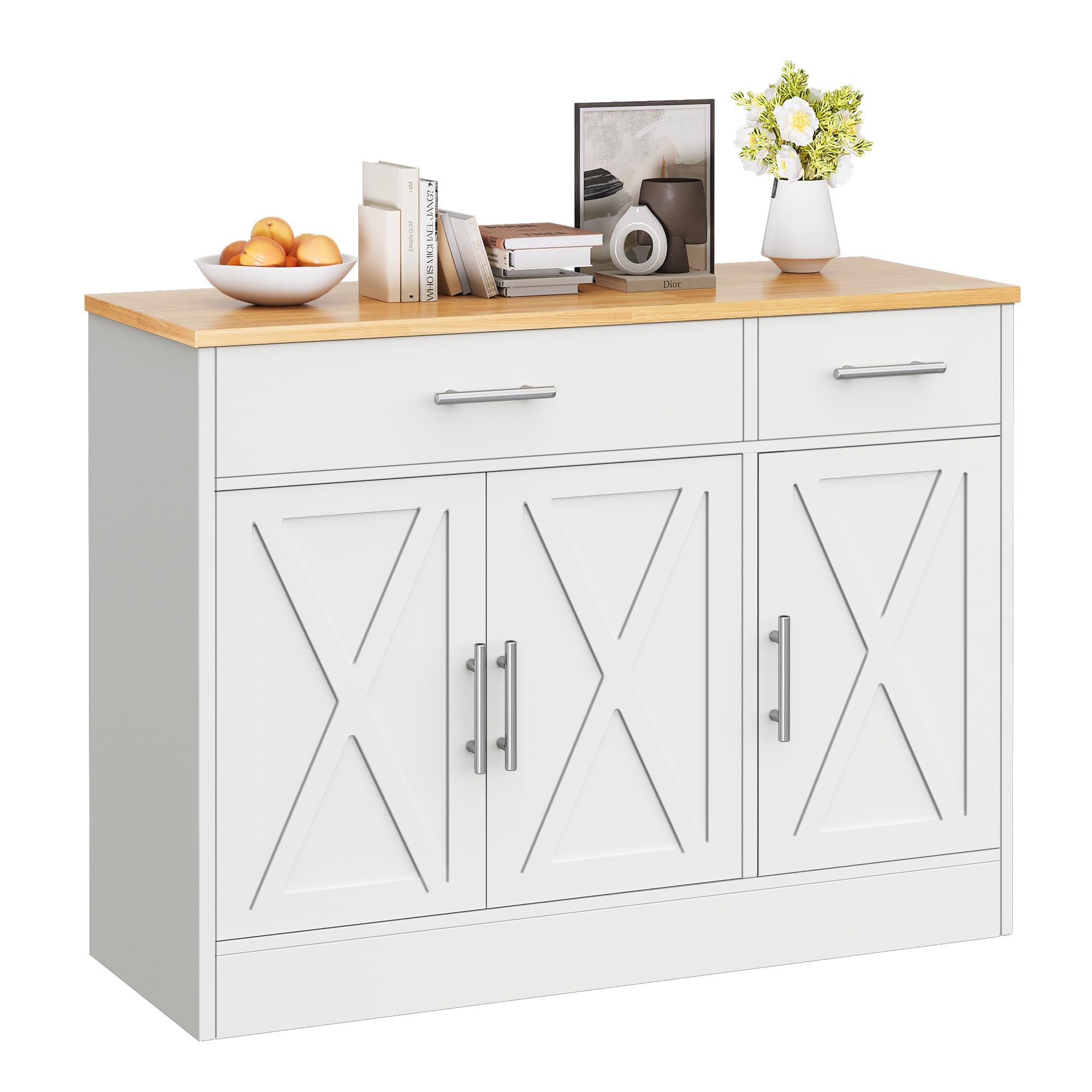 Vongrasig Coffee Bar Cabinet, Farmhouse Sideboard Buffet Cabinet with Storage, Coffee Bar with Drawers and Shelves, Wood Buffet Table for Kitchen, Dining Room, White
