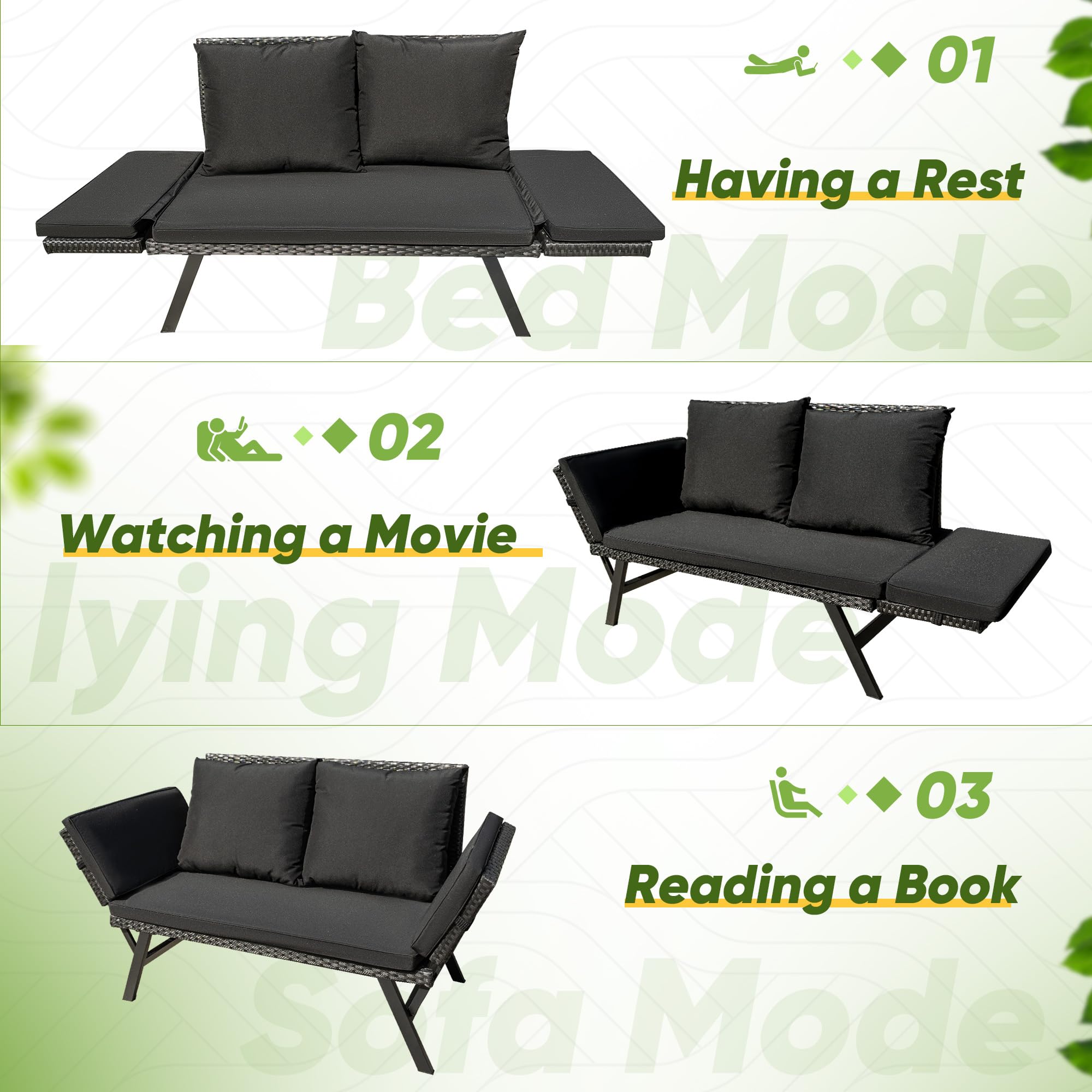 Outdoor Convertible Rattan Sofa Bed with Adjustable Armrests