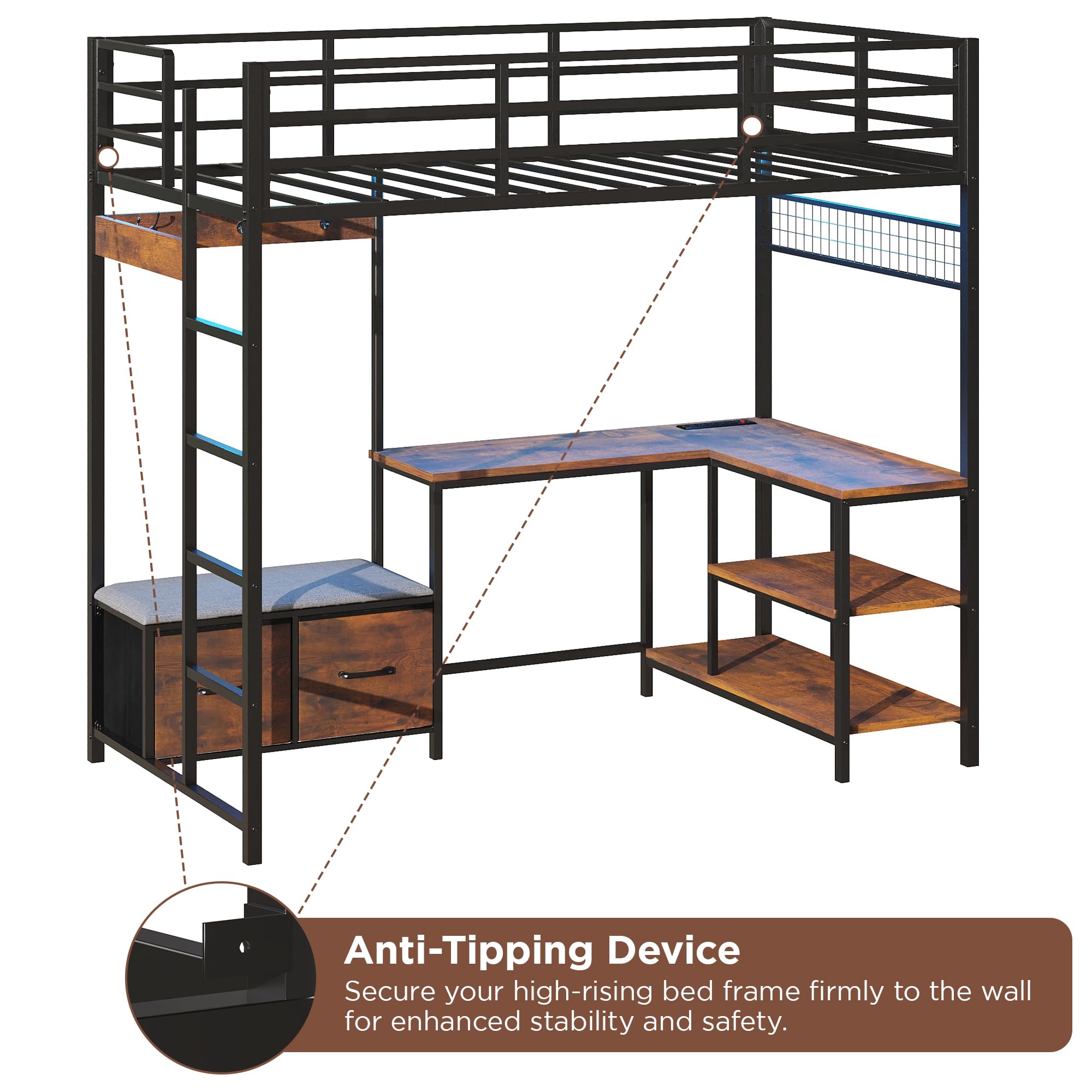 Vabches Twin Loft Bed with L-Shaped Desk,LED Lights,Charging Station,Metal Kids Loft Bed Twin Size with Storage Drawers,Coat Rack,Safety Guardrail & Ladder for Teen,Rustic Brown