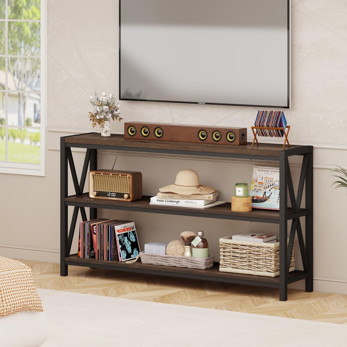 FATORRI Console Table for Entryway, 55 Inch Modern Entry Table with 3 Tier Shelves, Couch Tables Behind Sofa for Living Room, Dark Walnut