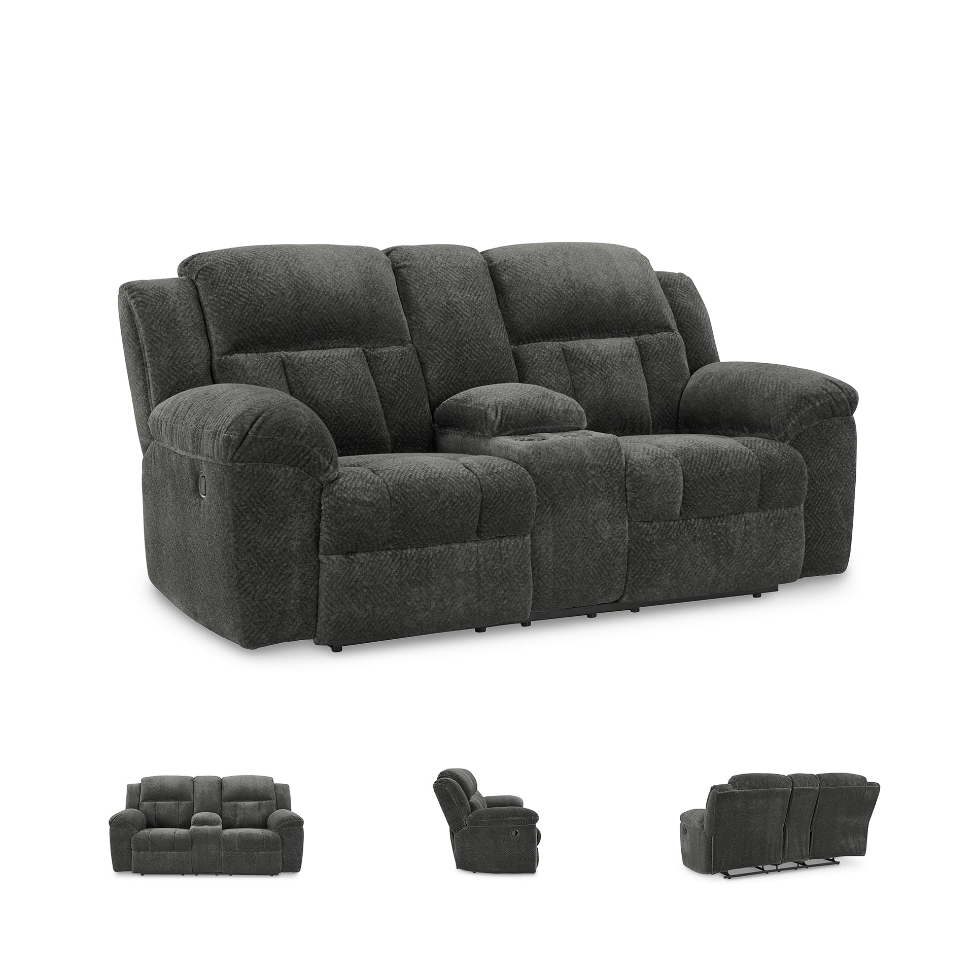 Signature Design by Ashley Frohn Contemporary Manual Reclining Loveseat with Console with Console, Storage and Cup Holders, Gray