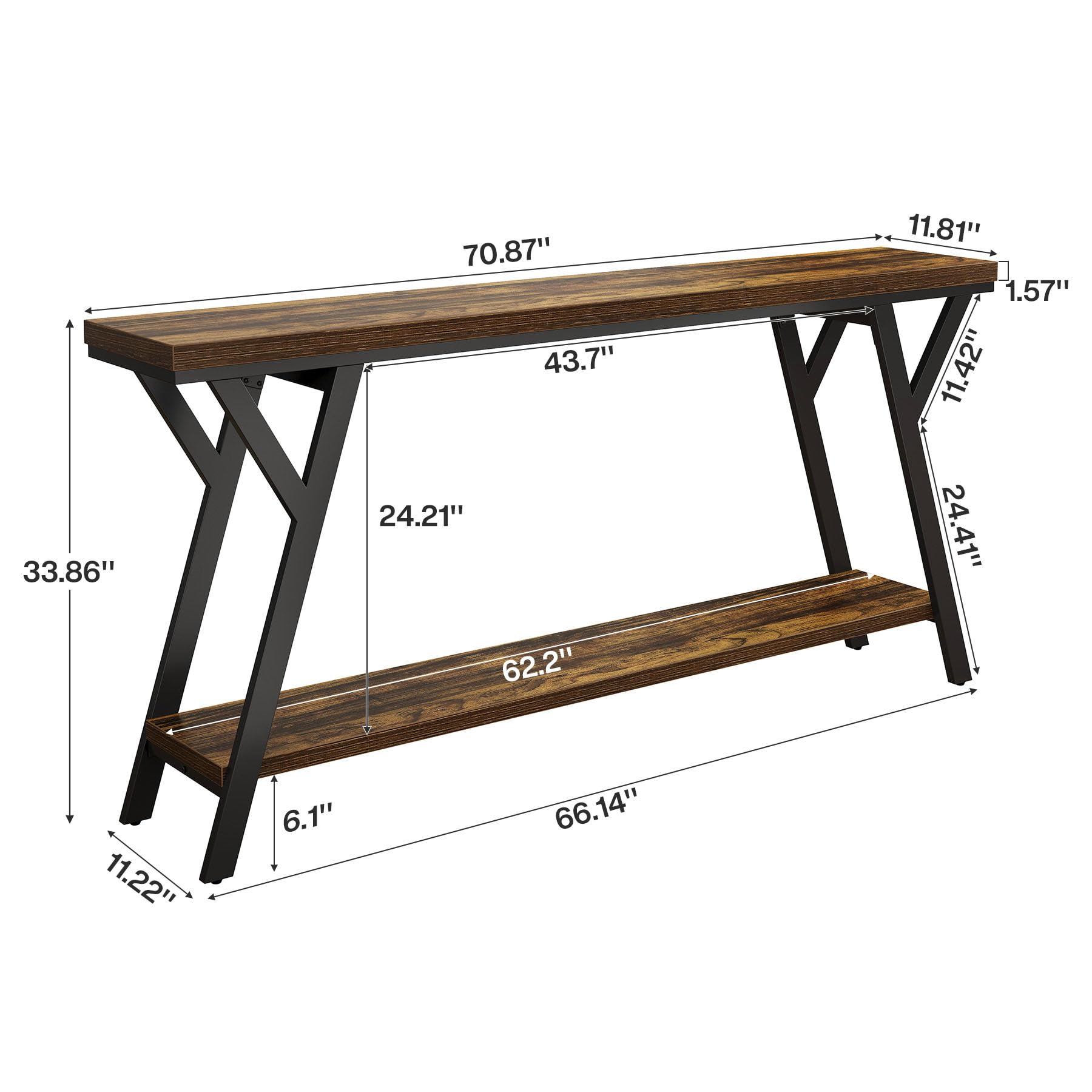 Tribesigns 70.9-Inch Narrow Long Entryway Console Table, Industrial Sofa Table Behind Couch with 2-Tier Storage Shelf for Hallway, Living Room, Entrance, Foyer, Rustic Brown