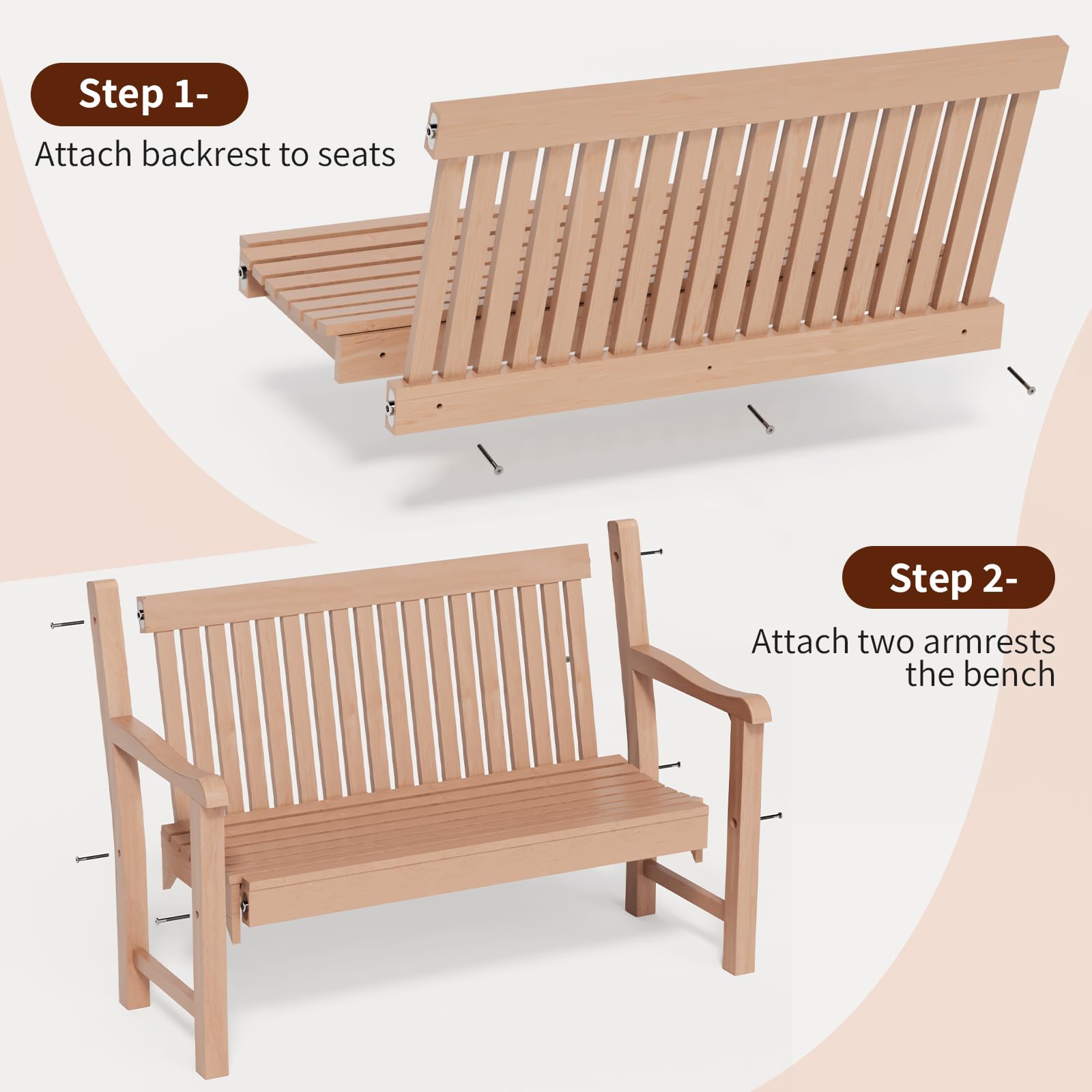 Psilvam 2-Person Outdoor Bench with 700 Lbs Weight Capacity, Poly Lumber Weatherproof Garden Bench Seating for Porch, Balcony and Park, All-Weather Patio Bench Furniture (Teak)