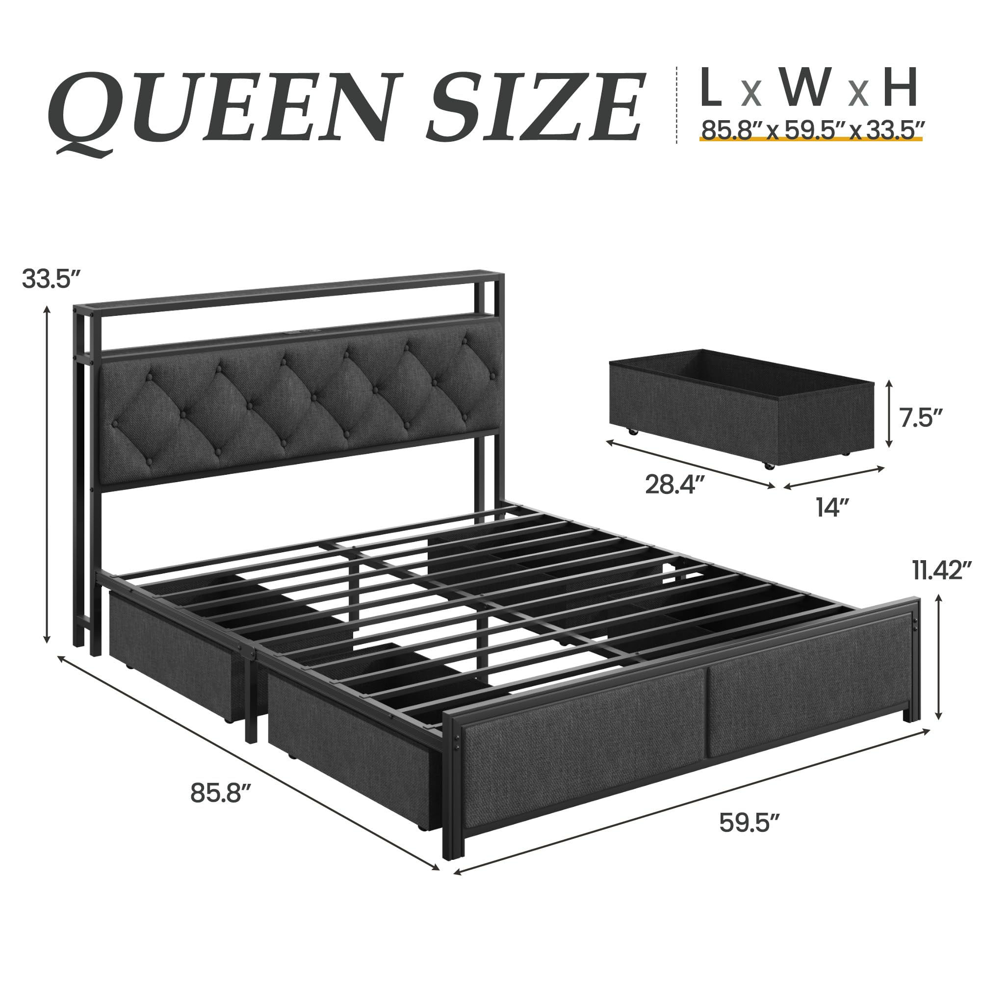 Queen Bed Frame with Storage, LED Lights & Charging Station