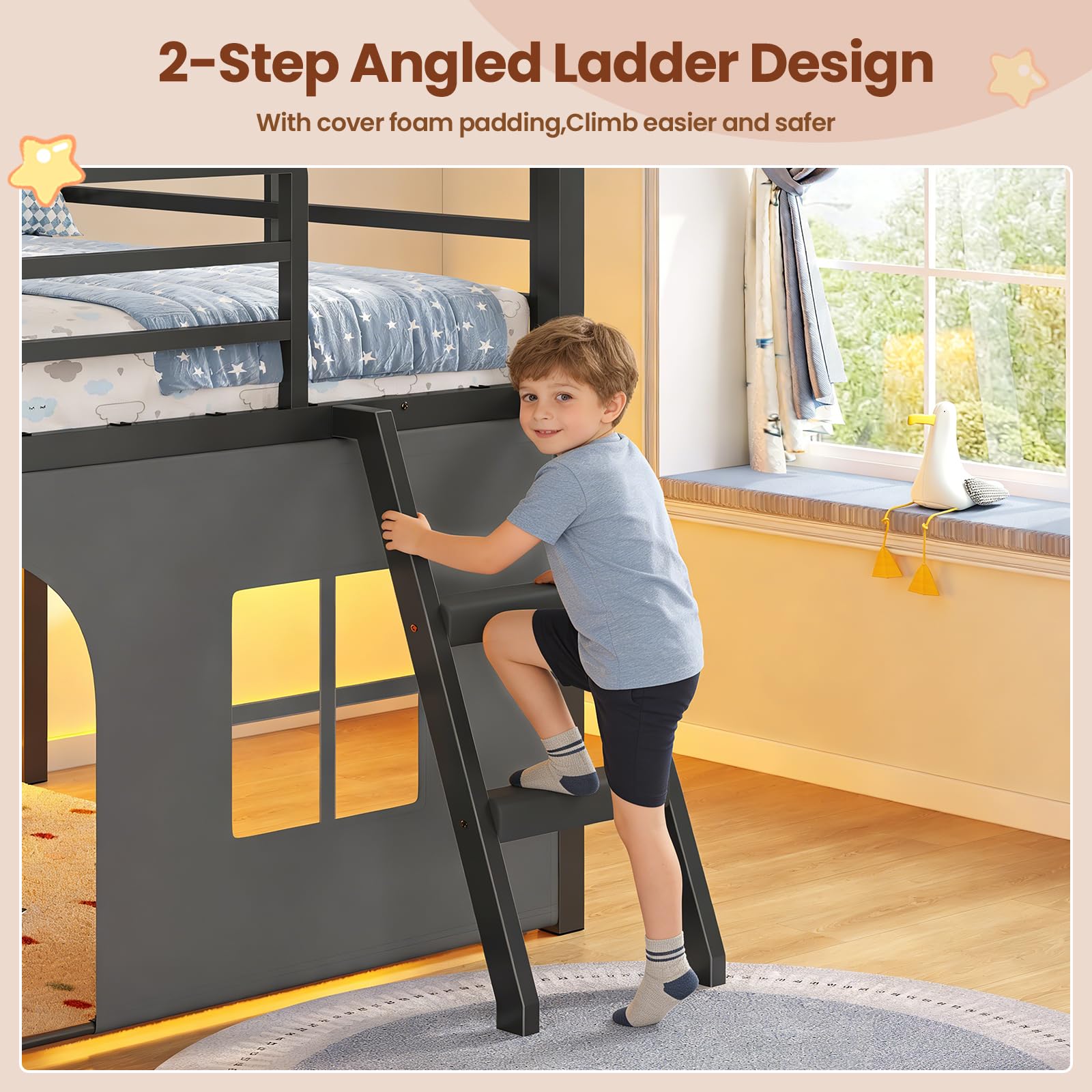 Kids Low Loft Bed with Tent, Storage & LED Lights
