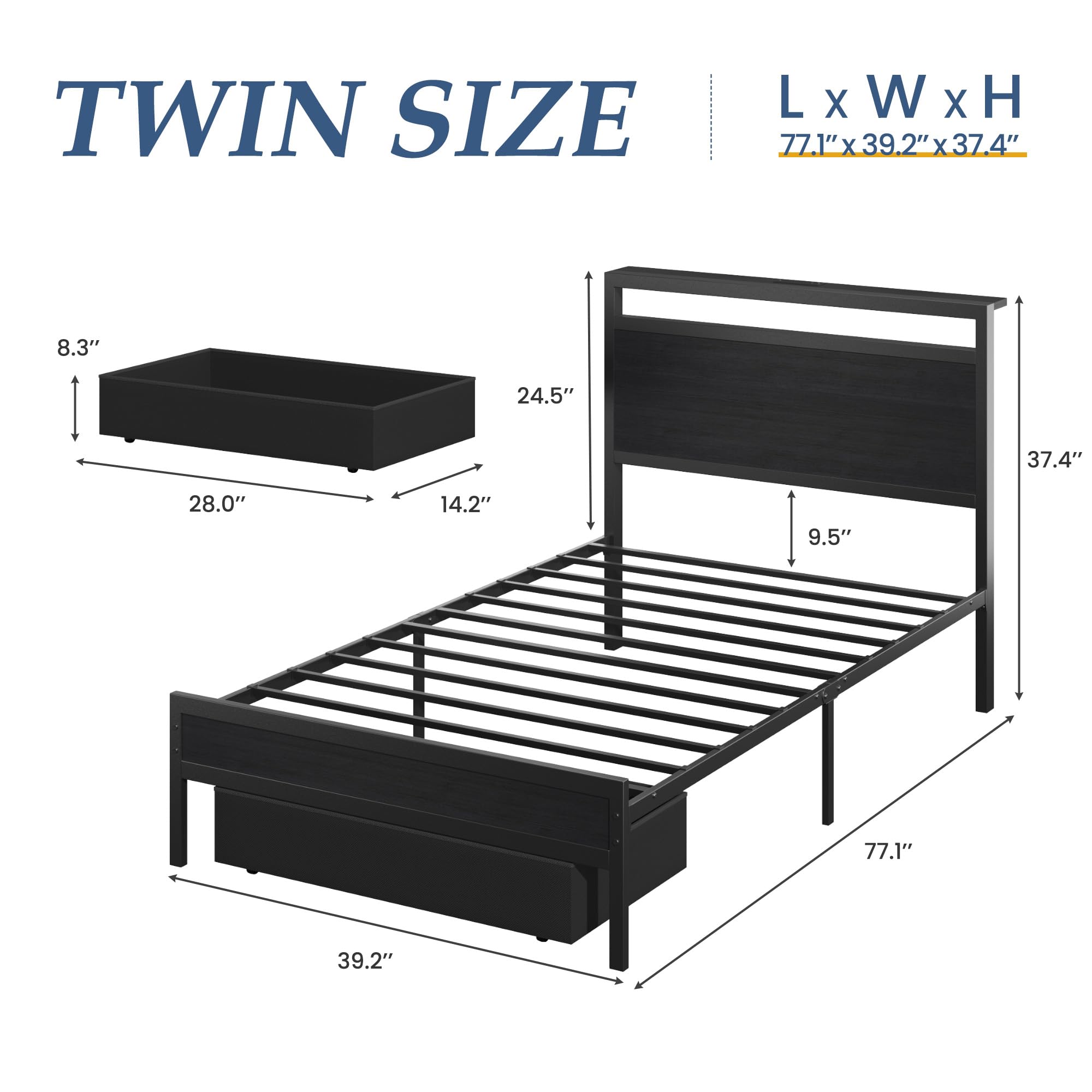 Twin Bed Frame with Storage Headboard, LED Lights & Charging Station