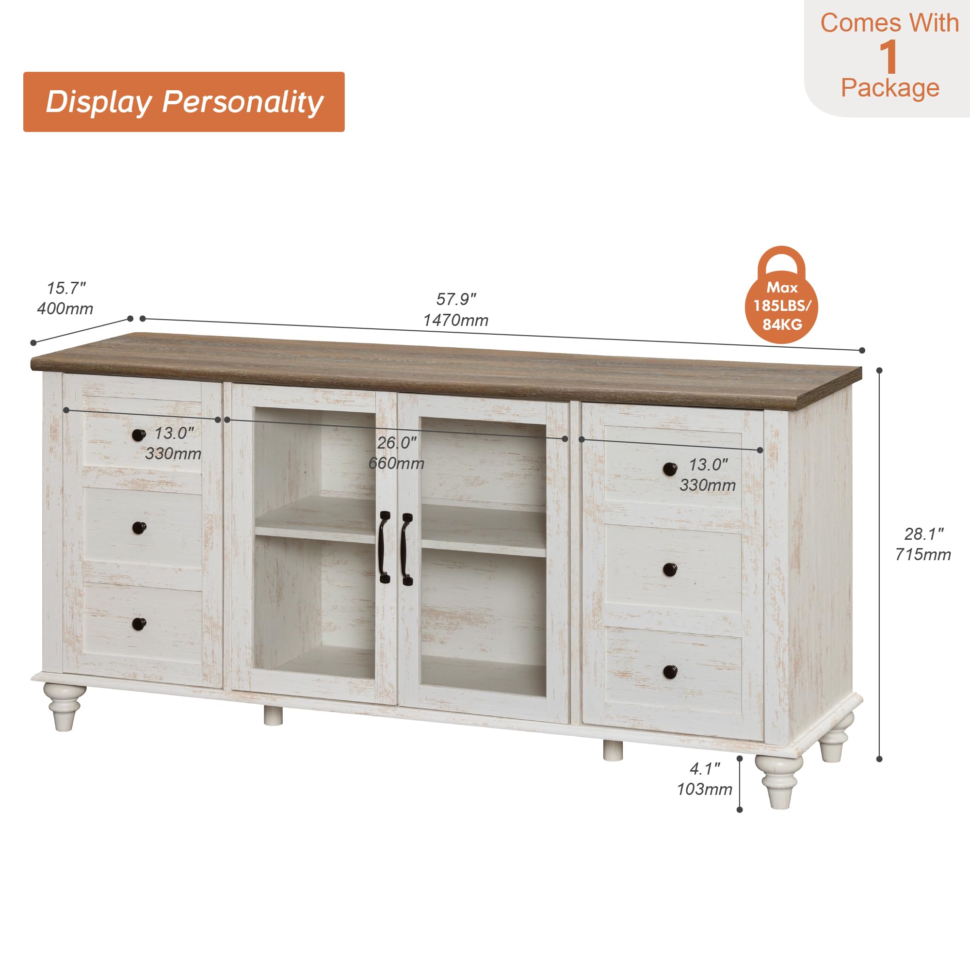 58" Farmhouse TV Stand with Glass Doors & Adjustable Shelf