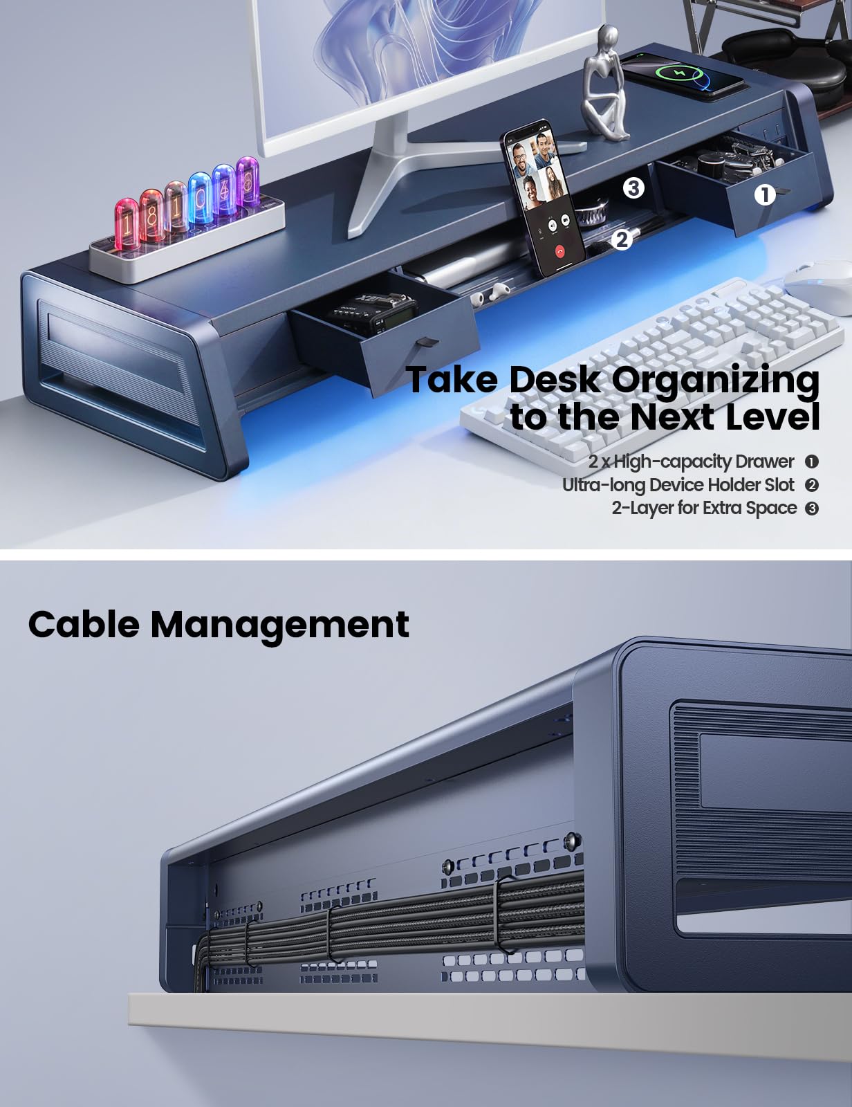 Dual Monitor Stand Riser with Drawers, USB Ports & Wireless Charging