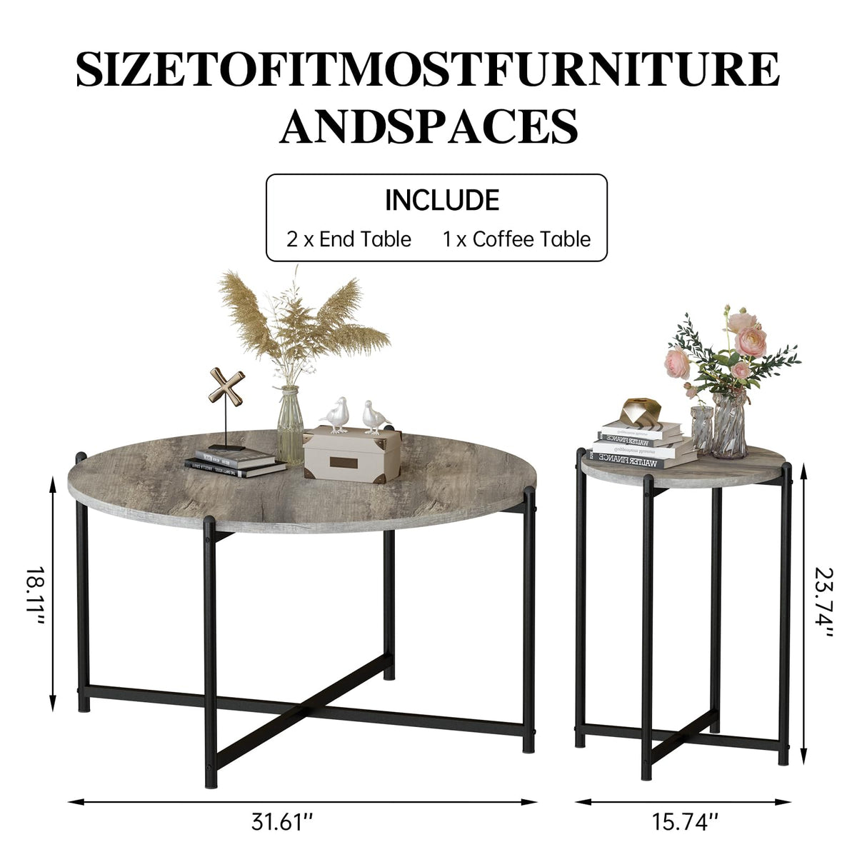 AWQM Faux Marble Coffee Table Set of 3, 1 Coffee Table & 2 Sofa Table, Round Tabletop and Metal Cross Base Frame,Perfect for Living Room Apartment, Grey