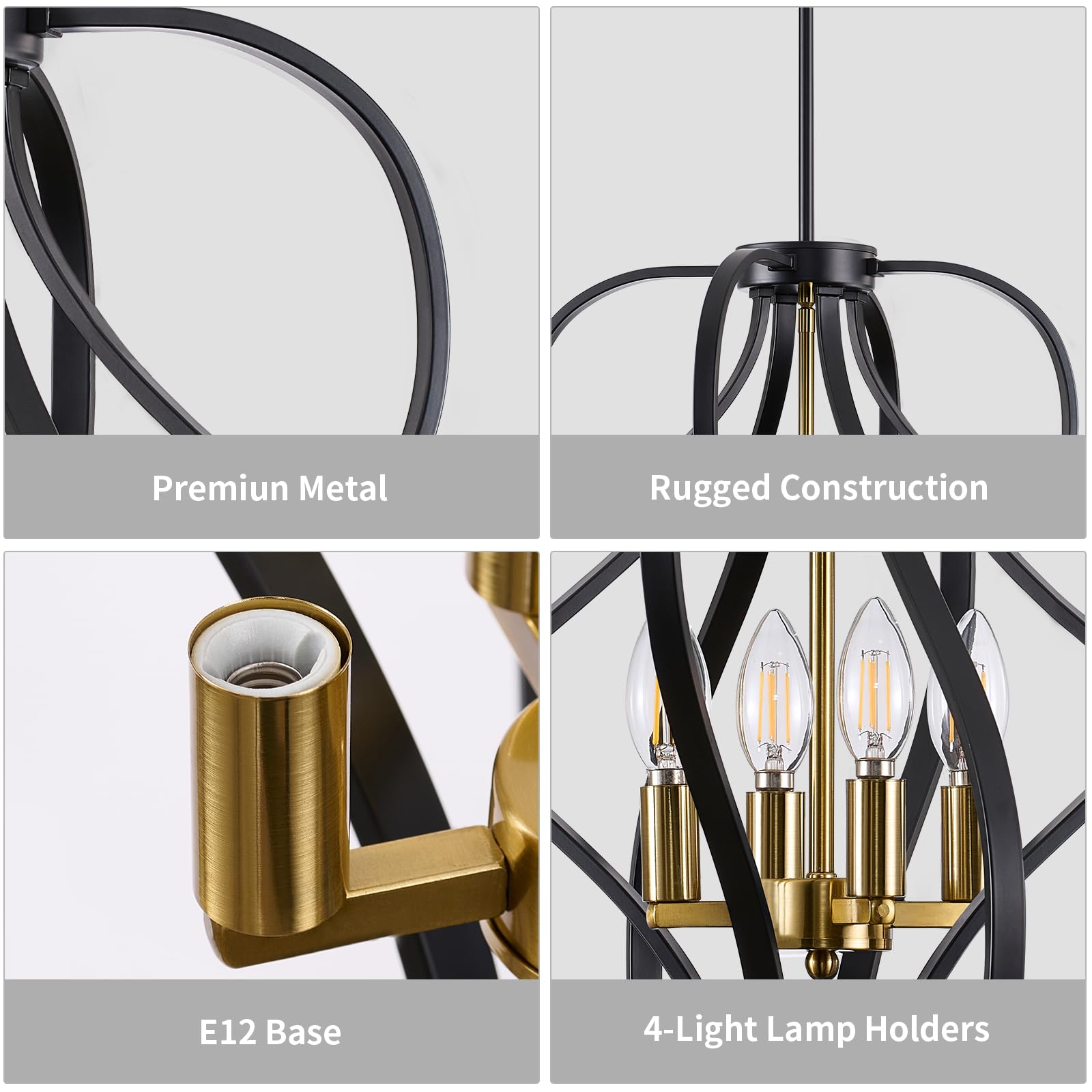 Black and Gold Chandelier Light Fixture, 18" Modern Farmhouse Industrial Chandelier, 4-Light Sphere Geometric Hanging Pendant Light Fixture for Dining Room Entryway Hallway Living Room Kitchen Island